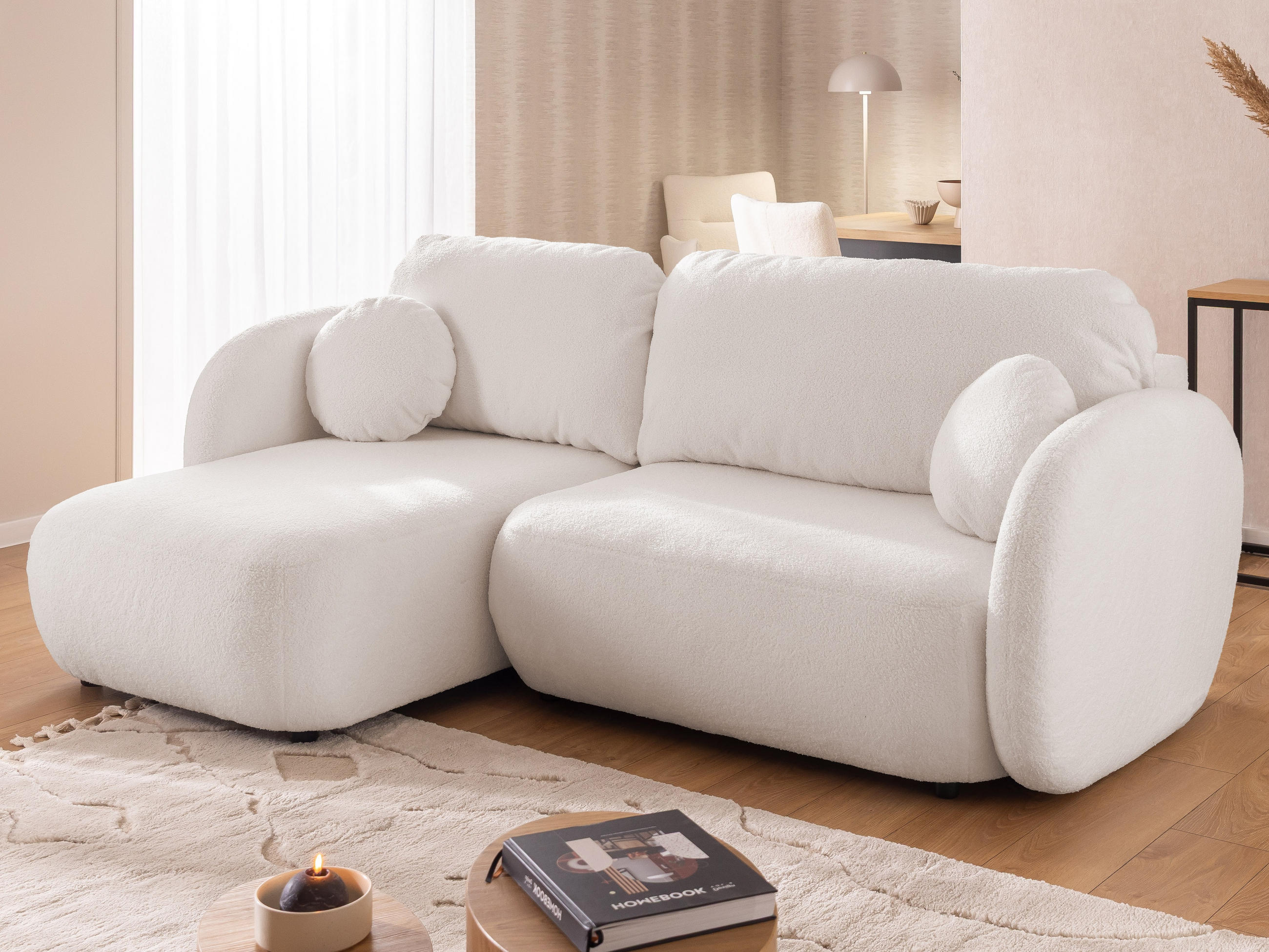 ECKSOFA Candy mit Schlaffunktion Weiß Bouclé-Stoff - Ottomane links - Schwarz/Weiß, Holz/Kunststoff (230/146cm) - S-Style Möbel