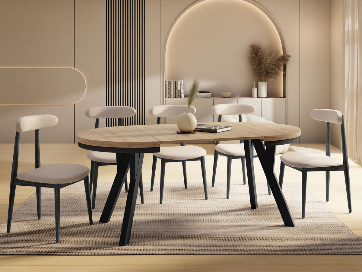 ESSTISCH Vero Neo rund ausziehbar verlängerbar, Eiche Artisan Hellbraun 100-200/100/77 cm - Schwarz/Eiche Artisan, Holz/Holzwerkstoff (100/100/77cm) - WFL GROUP