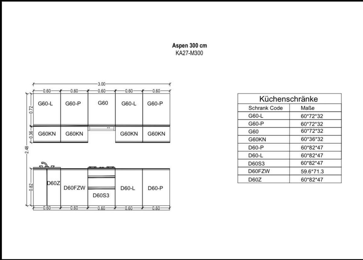 KÜCHENZEILE 300 cm - Aspen KL27-M300 - in Weiß/ Hochglanz - Weiß Hochglanz, Holz (300/212/47cm)