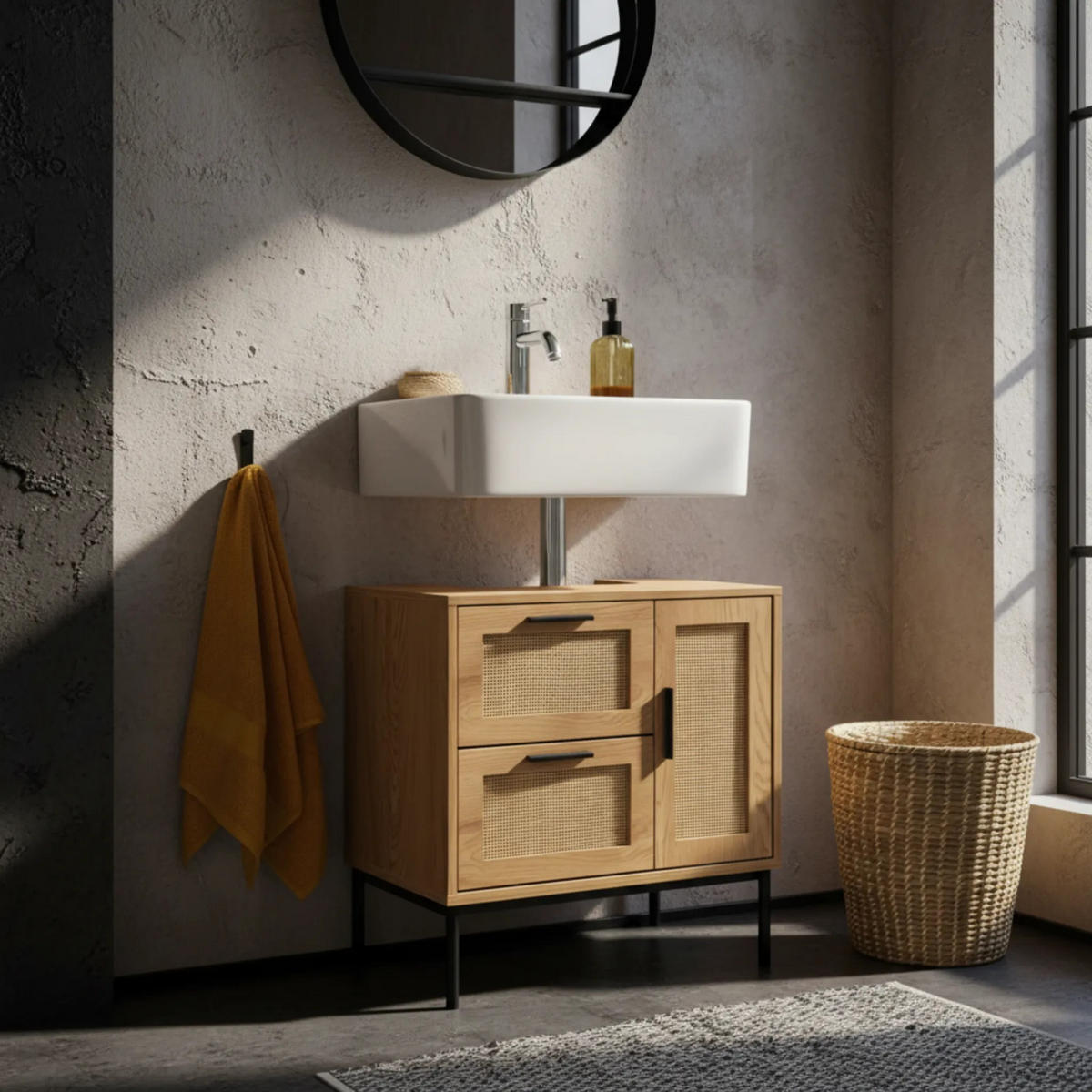 WASCHBECKENUNTERSCHRANK Eiche-Optik 60x60x40 cm mit Tür, Schubladen und Rattangeflecht - Schwarz/Braun, Holzwerkstoff/Metall (60/60/40cm) - KADIMA DESIGN