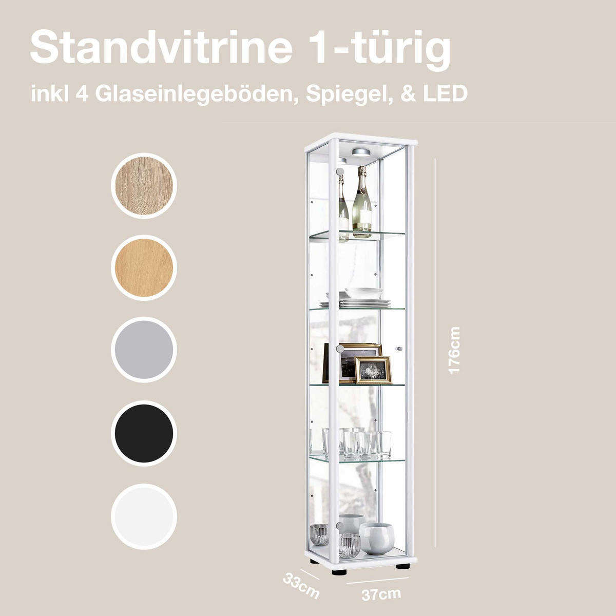 GLASVITRINE 33/37/176 cm mit Spiegel, LED & 4 höhenverstellbaren Glasböden - Transparent/Silberfarben, Glas/Holzwerkstoff (37/176/33cm) - K-Möbel