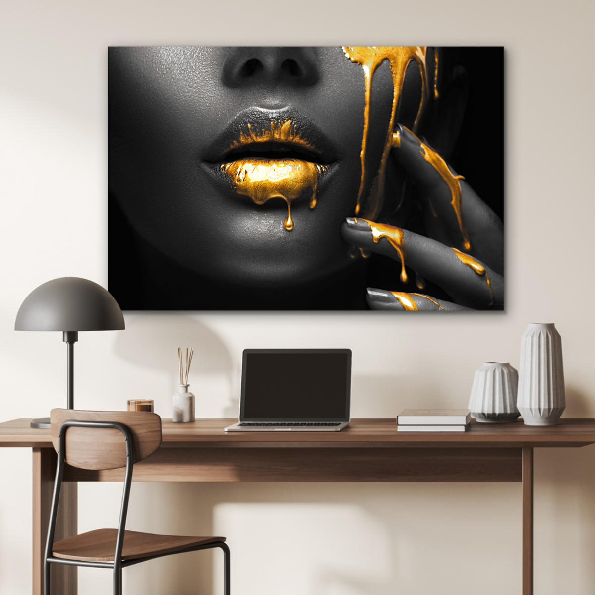 METALLBILD Frau - Schwarz - Gold - Gesicht - Lippen 120x80 cm - Goldfarben, Metall (120/80cm) - MuchoWow