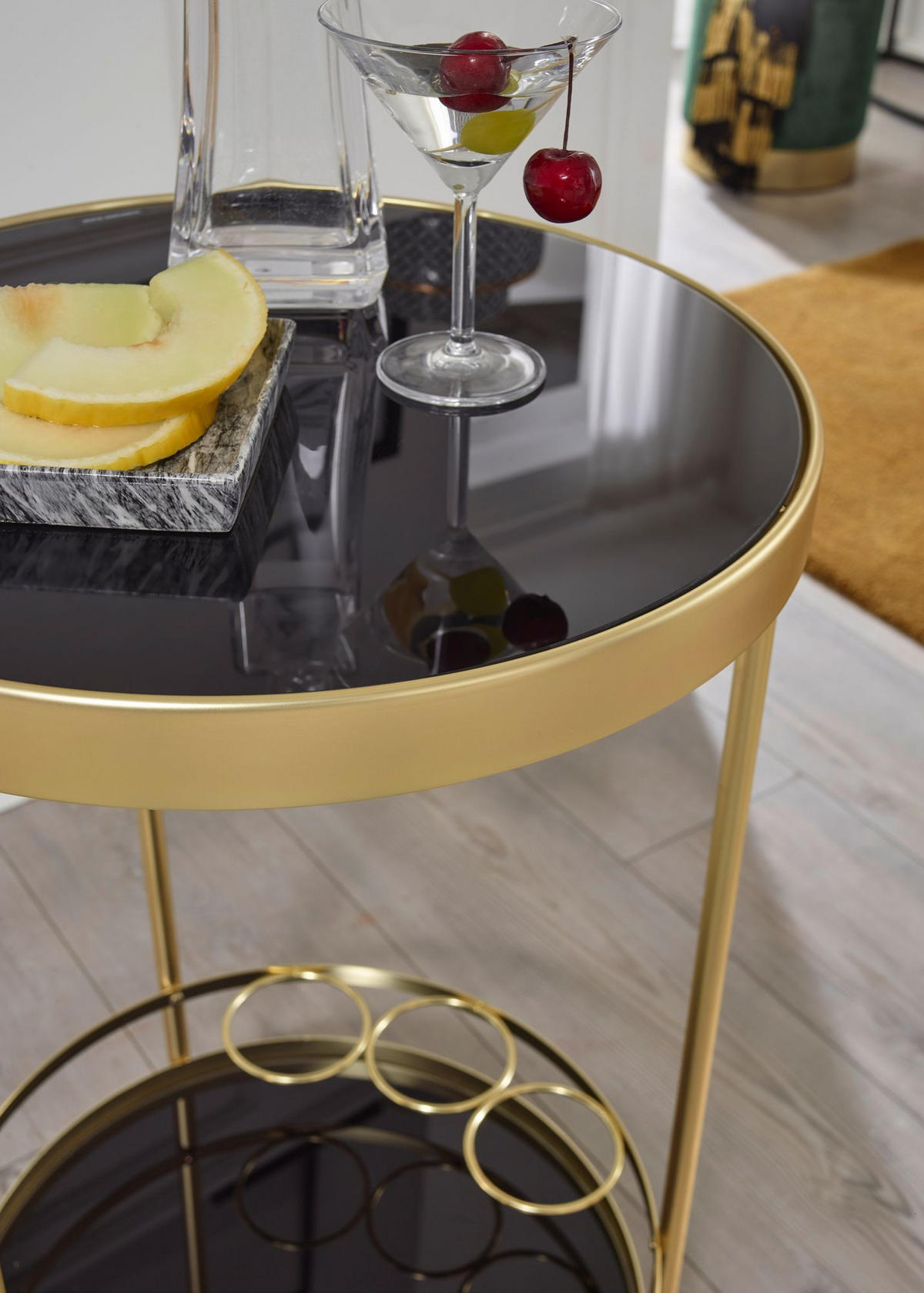 SERVIERWAGEN – Gold, Schwarzglas, auf Rollen - Goldfarben, Glas/Metall (45/76/45cm) - KADIMA DESIGN