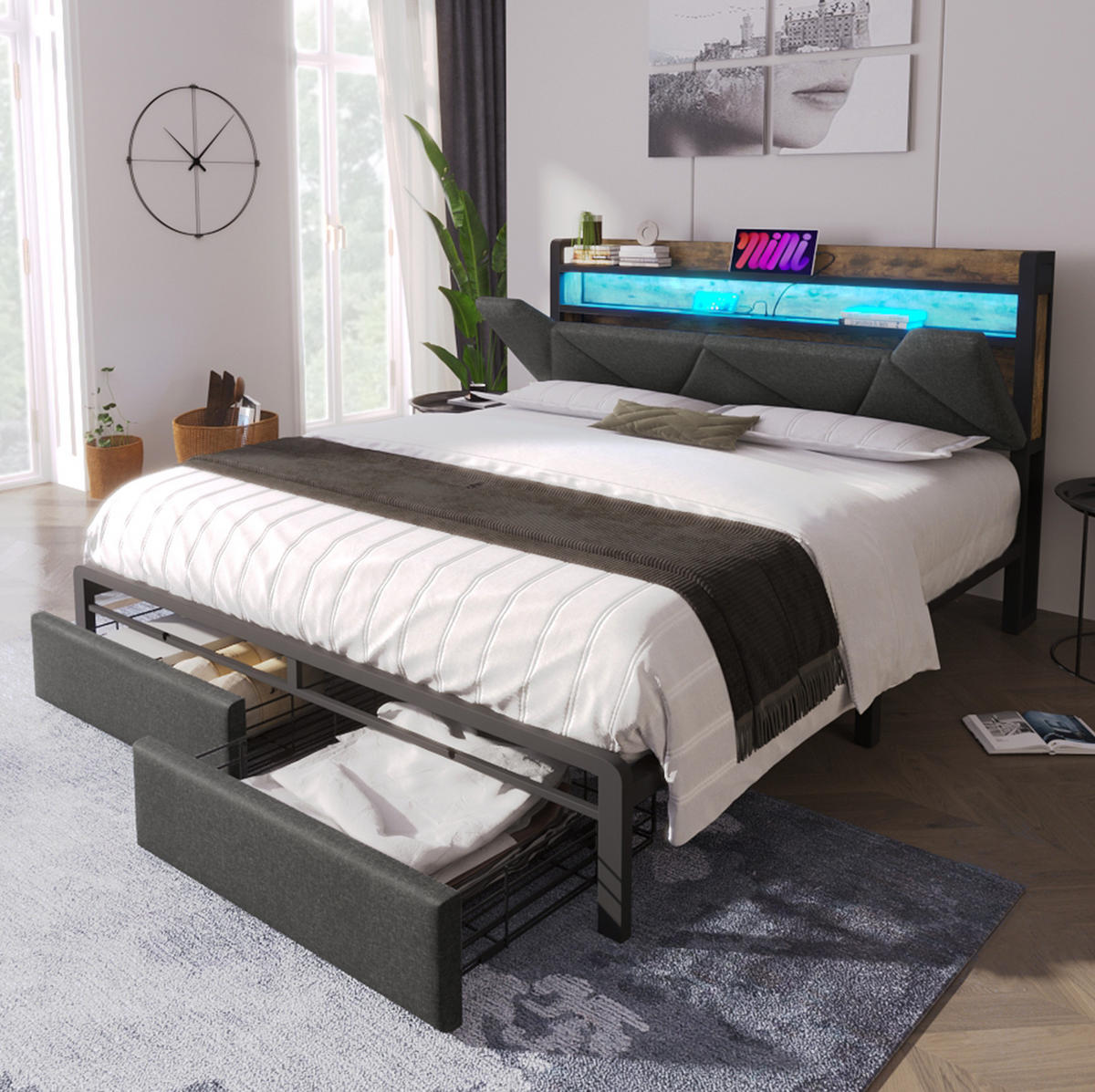 BETT 140/200 cm Grau mit LED-Beleuchtung, Stauraum und USB- und Type-C-Anschlüssen - Grau, Textil (160/200cm) - Flora Grace