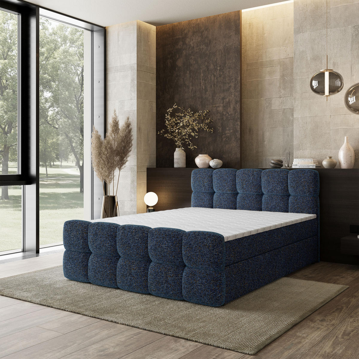 BOXBETT BRUME 140x200 cm mit Matratze und Topper, H2+H3 - Blau - Blau, Holz (140/200cm) - MASSENO