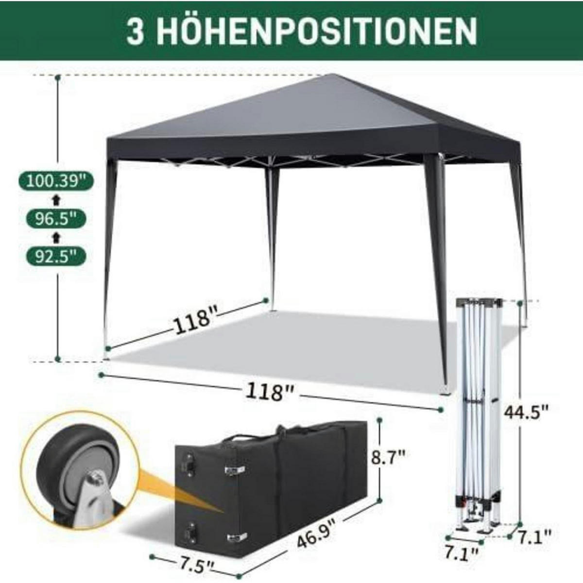FALTPAVILLON 3x3m Dunkelgrau mit Laufradtasche - Anthrazit, Metall (300/255/300cm)