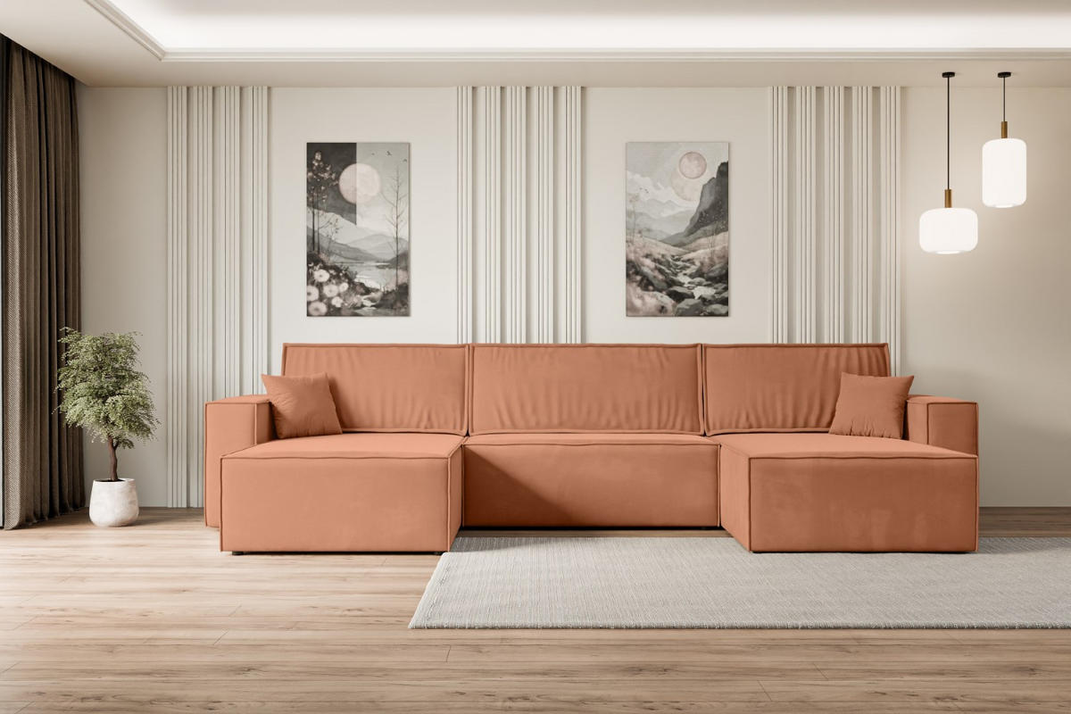 WOHNLANDSCHAFT mit Schlaffunktion und Bettkasten CELTIC-XLU - 377x143x83 cm Koralle Velours - Koralle/Schwarz, Holzwerkstoff/Kunststoff (377/83/143cm) - ALTDECOR