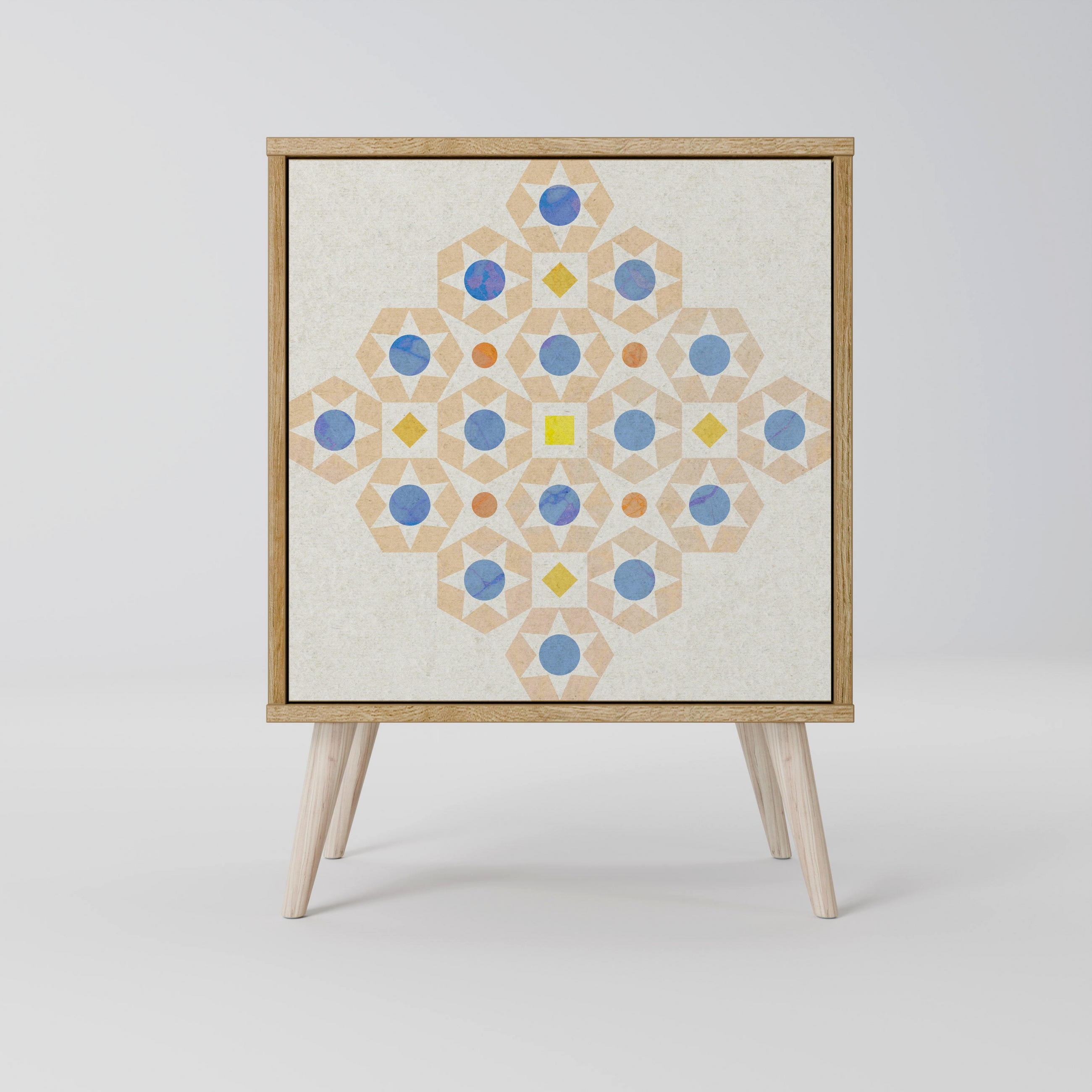 SIDEBOARD PATTERNED PRISM, Eichefarben, 57,5x42x77,5 cm, Schräge Buchenholzfüße - Eichefarben/Buchefarben, Holzwerkstoff/Buchenholz (57.5/77.5/42cm) - SpaceRebels