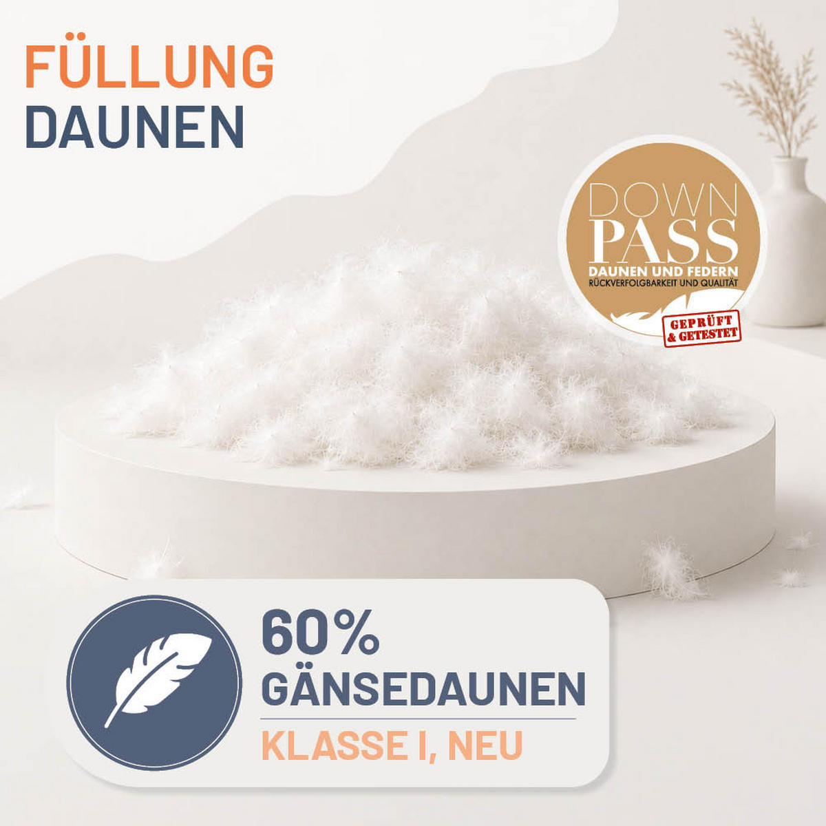 KOPFKISSEN 80x80 cm weich & stützend, Daunenkissen 60% Gänsedaunen - Weiß, Textil (80/80cm) - casimum