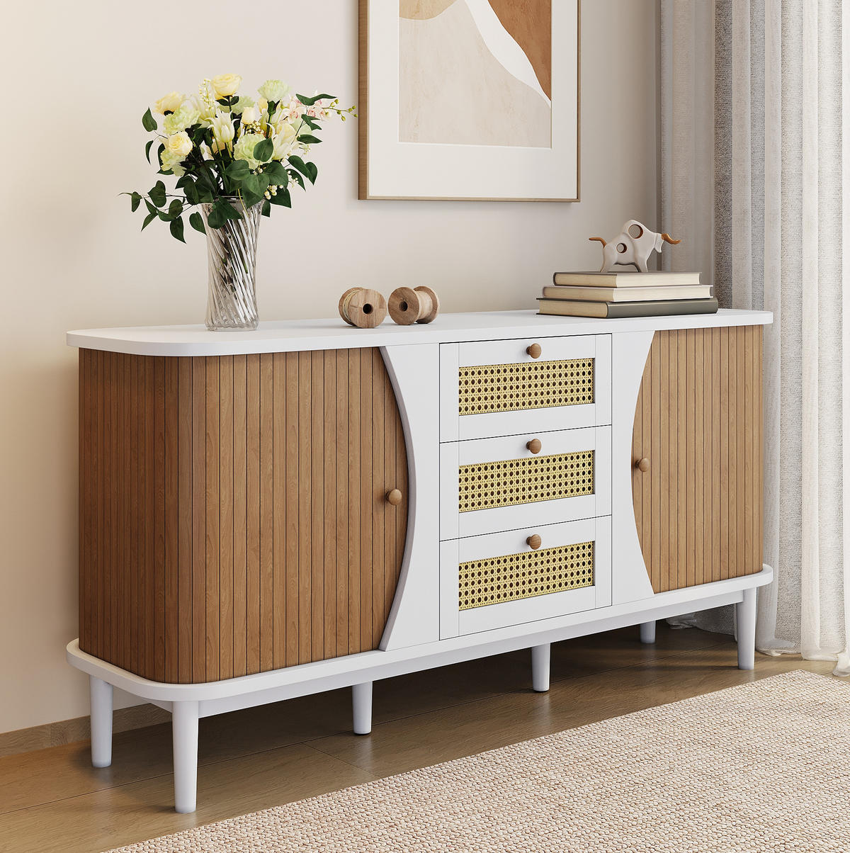 SIDEBOARD 140,5/40/76 cm mit 2 Türen & 3 Rattanschubladen in Weiß/Holzfarbe - Weiß, Holzwerkstoff (140.5/76/40cm) - BEAOK