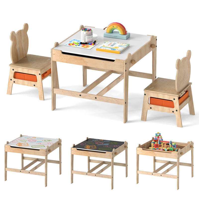 KINDERTISCH mit Stühlen natur(3-tlg) - Naturfarben, Holzwerkstoff (60/52/60cm) - COSTWAY