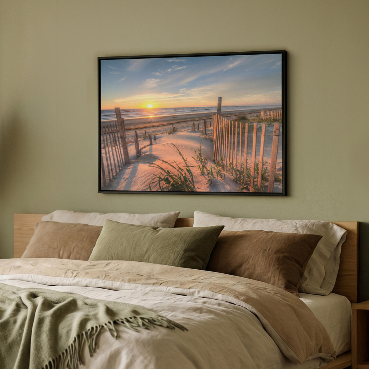 LEINWAND Bilder mit Rahmen - Strand - Meer - Düne - Sonnenuntergang - Landschaft - 70x50 - Beige, Textil (70/50cm) - MuchoWow