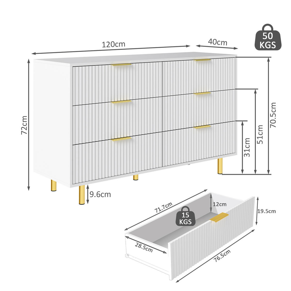 KOMODA bílá a zlatá 6 zásuvek 120 cm moderní - bílá, kompozitní dřevo (120/72/40cm) - Urban Meuble
