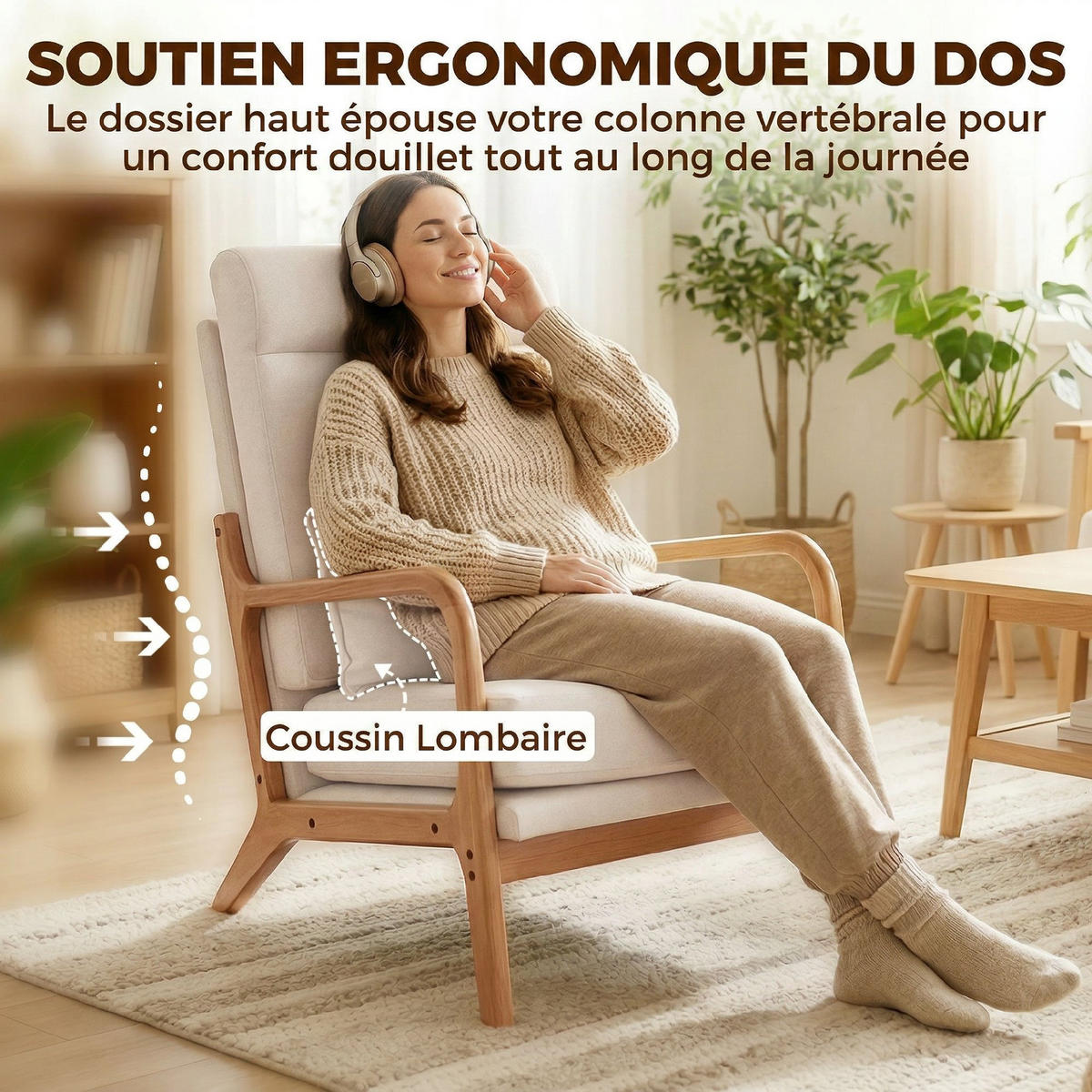 SESSEL DE-13363 hohe Rückenlehne & Lendenkissen Creme - Creme, Holz (64/93/86cm) - ComfortXL