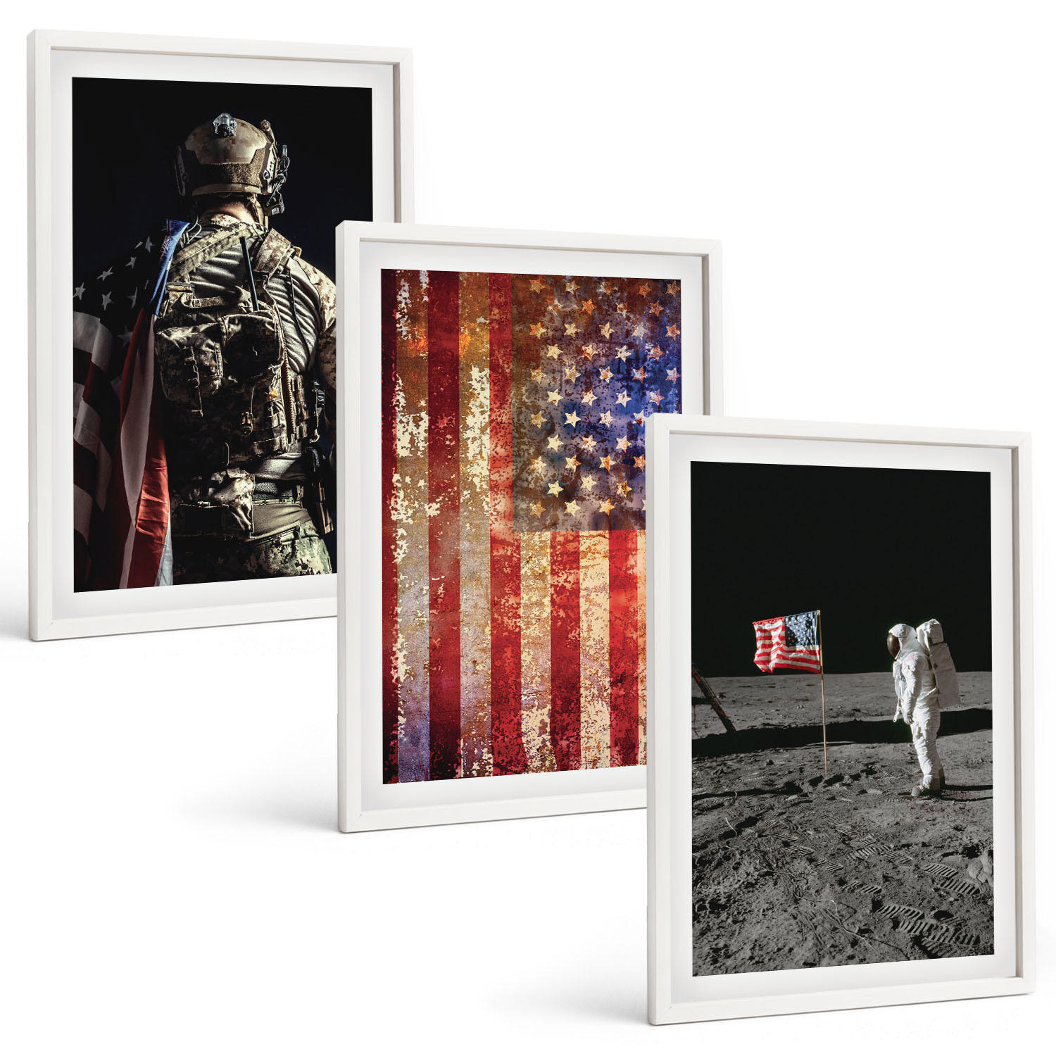 BILDER SET 3er Set - 40x60 cm Weißer Rahmen - Amerikanische Symbole, USA-Flagge - Weiß, Kunststoff (40/60cm) - TULUP