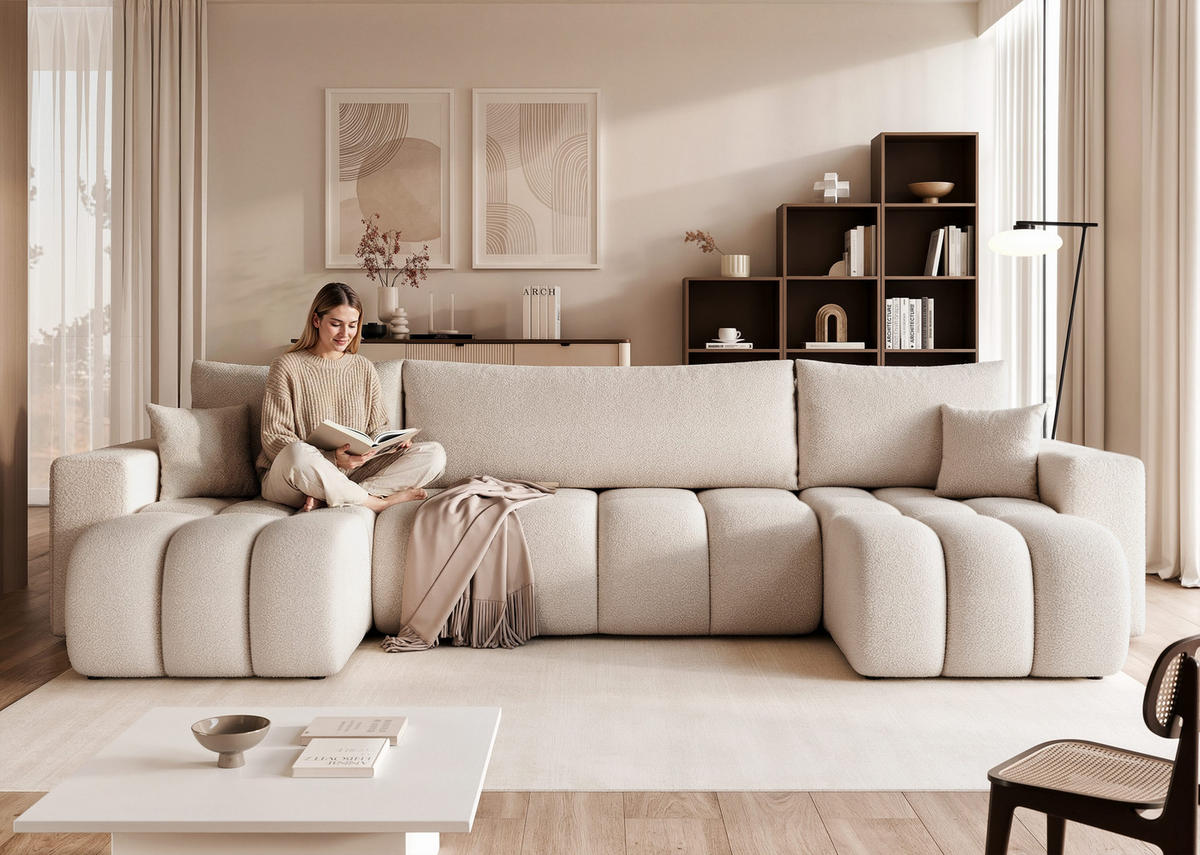 WOHNLANDSCHAFT OFI mit Schlaffunktion und Bettkasten Beige-Grau - Greige, Holzwerkstoff/Kunststoff (318/79/145cm) - Idohome