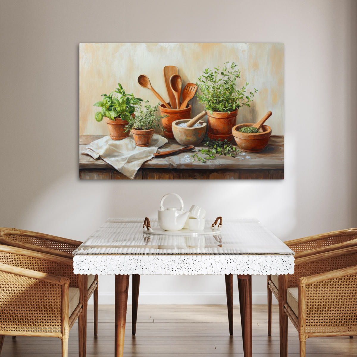 LEINWANDBILD Töpfe - Kräuter - Holz Wohnzimmer 120x80 cm - Terracotta, Textil (120/80cm) - MuchoWow