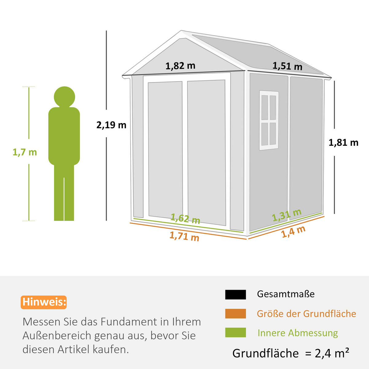 GERÄTEHAUS 2,4m² Gartenhaus mit Satteldach 182 x 151 x 219/181 cm Geräteschuppen - Grau, Kunststoff (151/219/182cm) - Outsunny