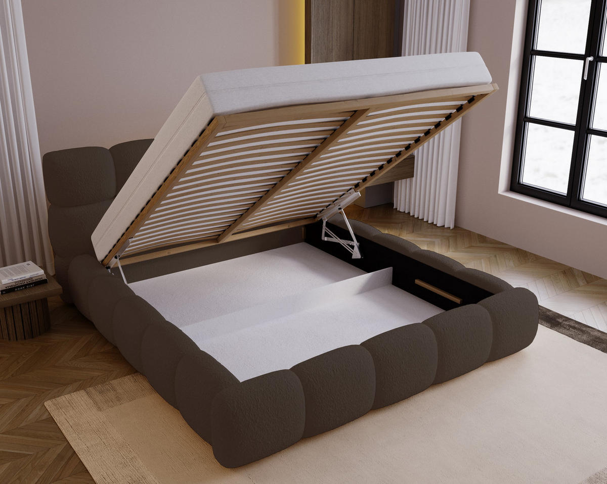 DOPPELBETT 200x200 Lucca mit Bettkasten, Stoff Bouclé, Braun - Braun, Holz/Textil (200/200cm) - Emporius