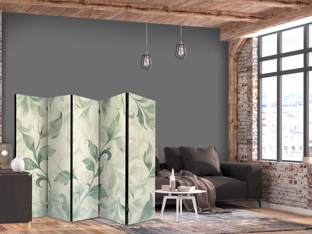 PARAVÁN Akustický 5-dielny 225x172 cm Zelené Listy - krémová, drevo/textil (225/172/3cm) - Muralo