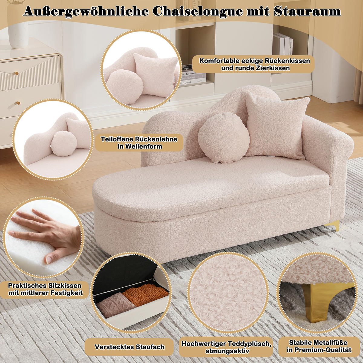 CHAISELONGUE 134 cm mit Stauraum, modernes Design, Teddyplüsch, wellenförmige Rückenlehne, inkl. Lenden- & Nackenkissen - Hellrosa, Textil (64/70/134cm) - Ej. Life