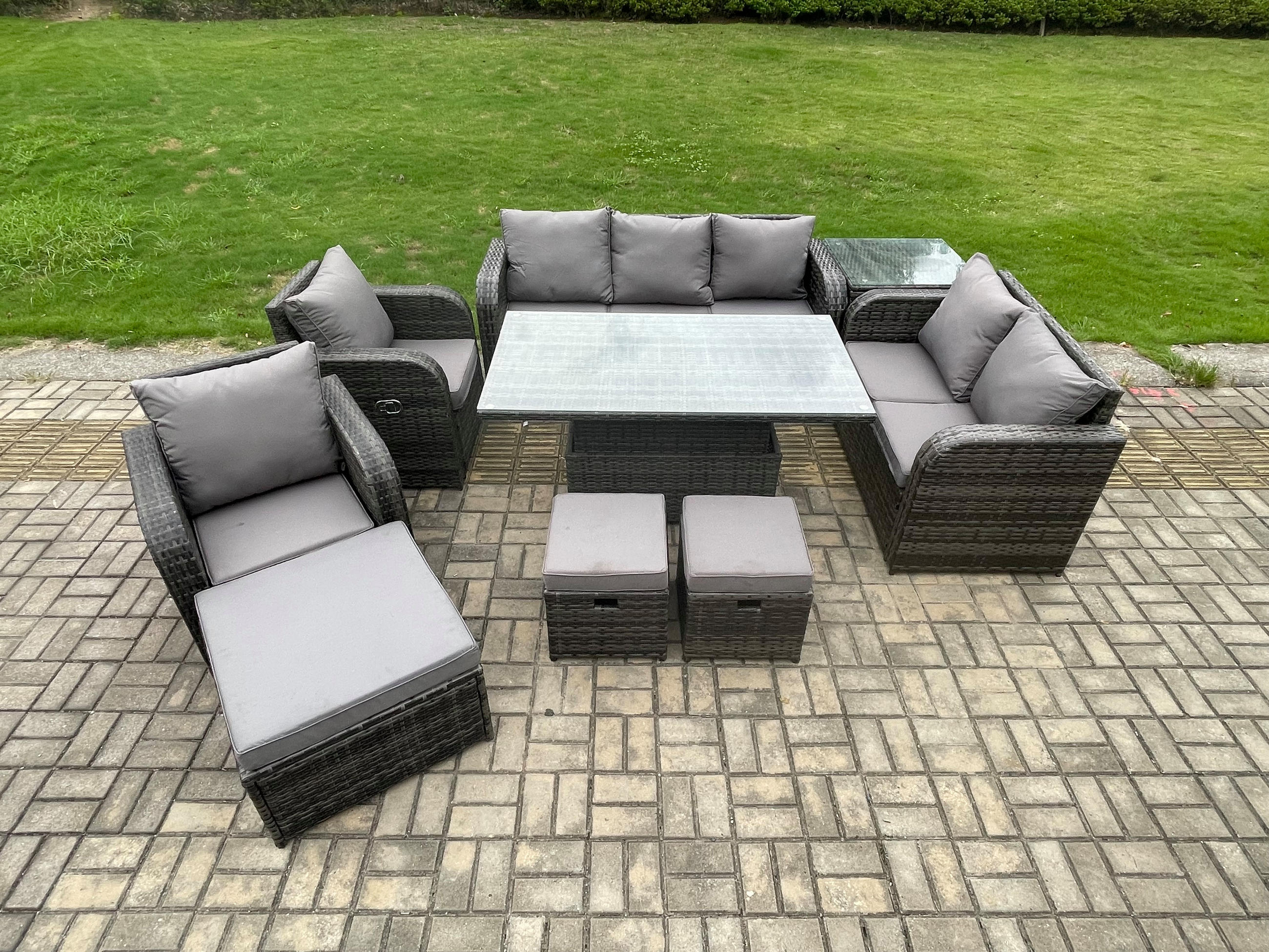 LOUNGESOFA Polyrattan 9-Sitzer - Dunkelgrau/Grau, Glas/Kunststoff - Fimous