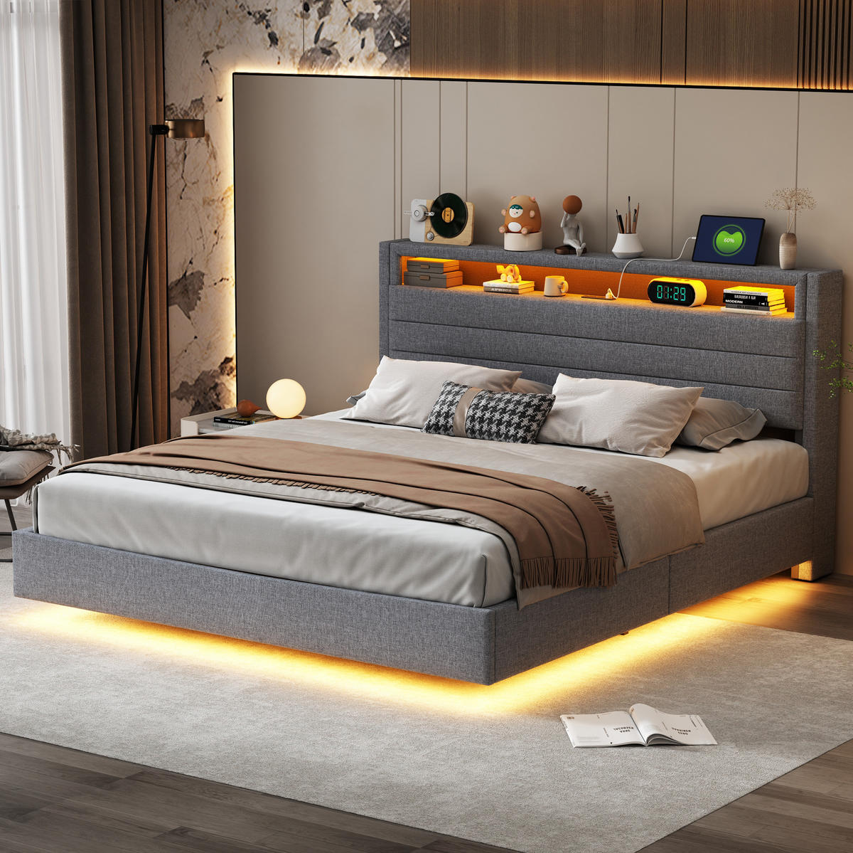 TAPECIRANI krevet 160/200 cm sivi od tkanine s LED rasvjetom, USB priključkom i spremištem - siva, tekstil (160/200cm) - OKWISH