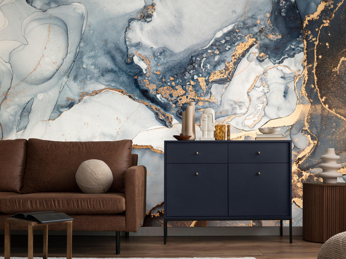 FOTOTAPETA Pre Obývaciu Izbu Mramor Modrá Moderná Zlaté Akcenty Elegantná 150 x 105 cm - žltá/sivá, papier (150/105cm) - Muralo