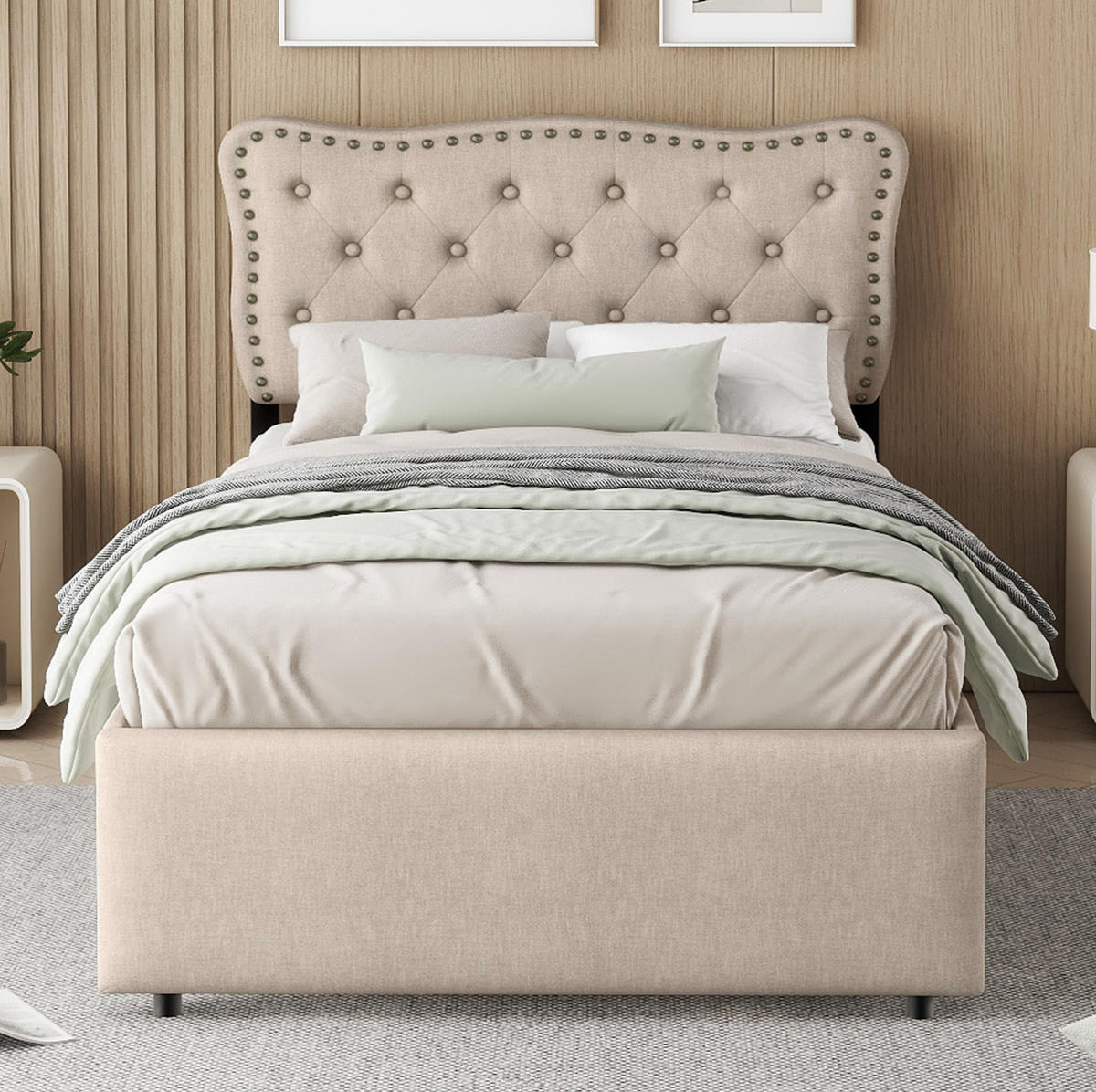 POLSTERBETT 90/200 cm Dunkelbeige aus MDF und Leinenstoff mit 2 Schubladen - Beige, Textil (90/200cm) - OKMYHOME