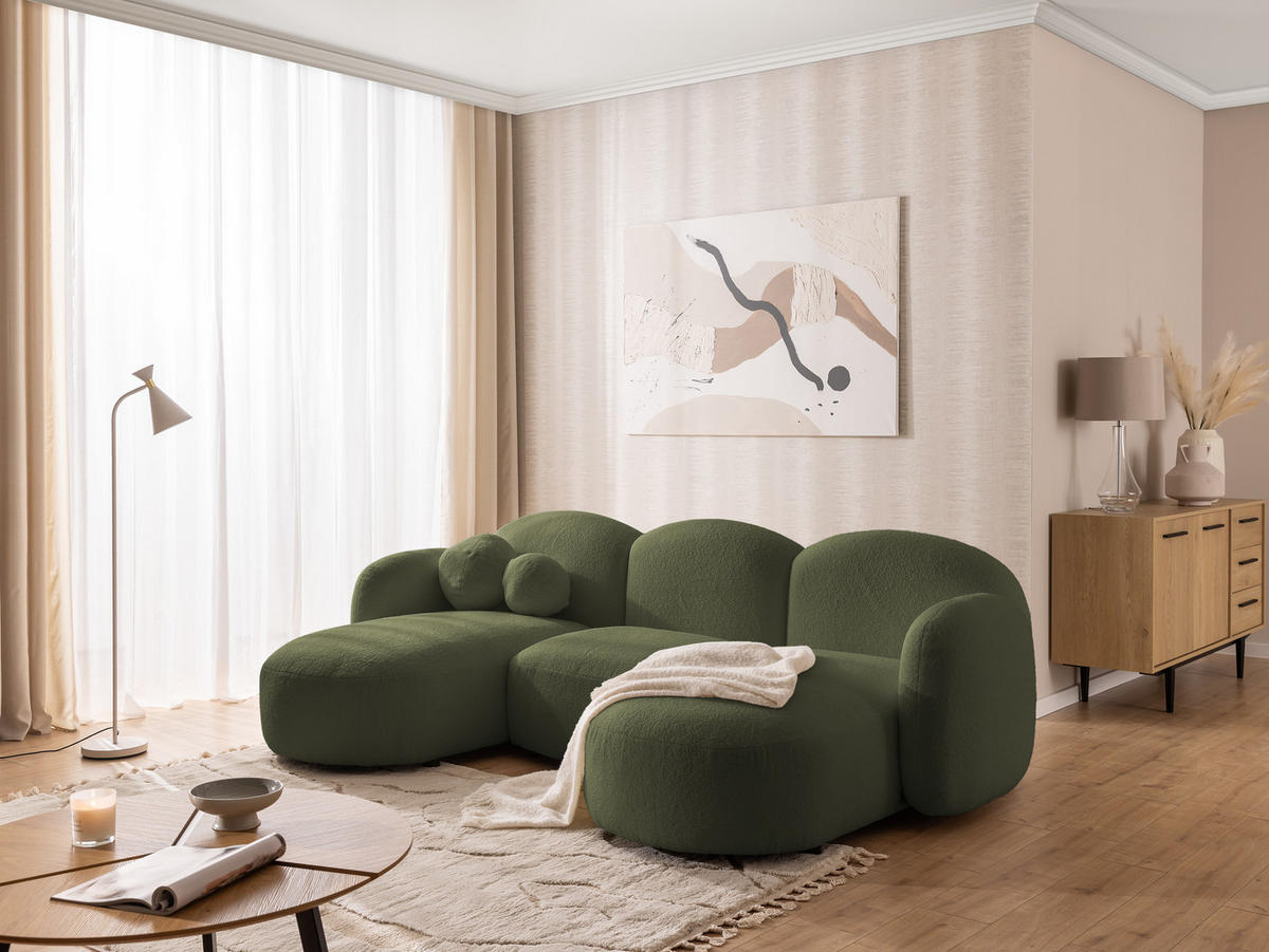 WOHNLANDSCHAFT Nuvola mit abgerundetem Design Grün Bouclé-Stoff - Schwarz/Grün, Holz/Kunststoff (268/80/146cm) - S-Style Möbel