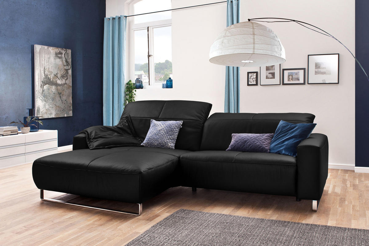 ECKSOFA MIT SITZTIEFENVERSTELLUNG YORK Schwarz Leder - Silberfarben/Schwarz, Leder (284/180cm) - KAWOLA