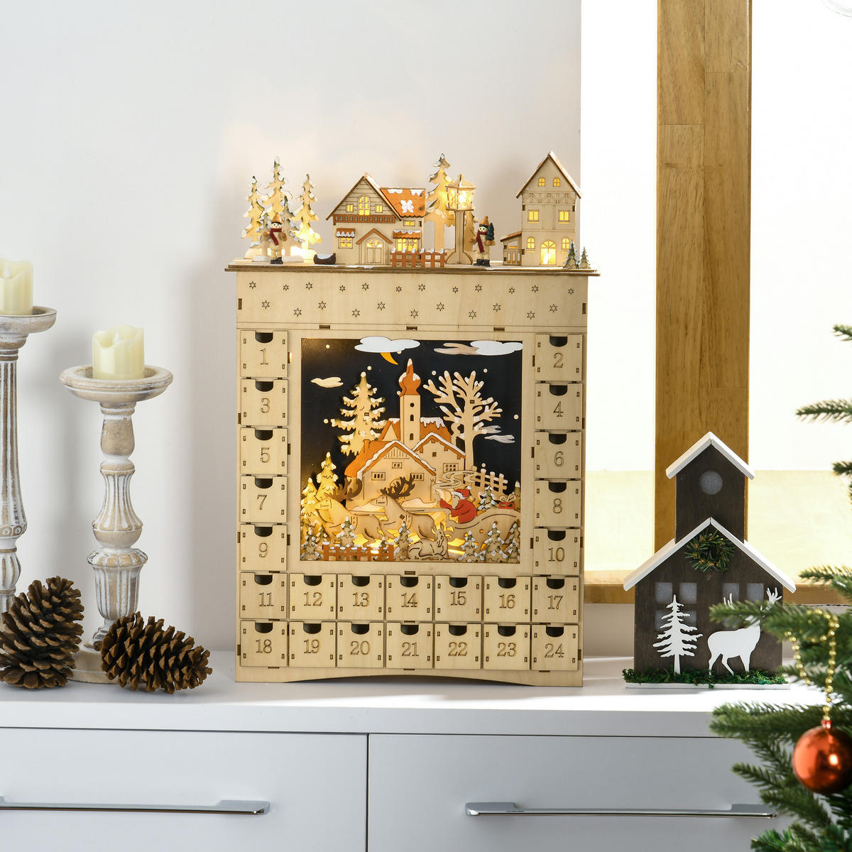 ADVENTSKALENDER zum Befüllen 24 Schubladen Fächer Weihnachtskalender DIY - Naturfarben, Holzwerkstoff (9/52/36cm) - HOMCOM
