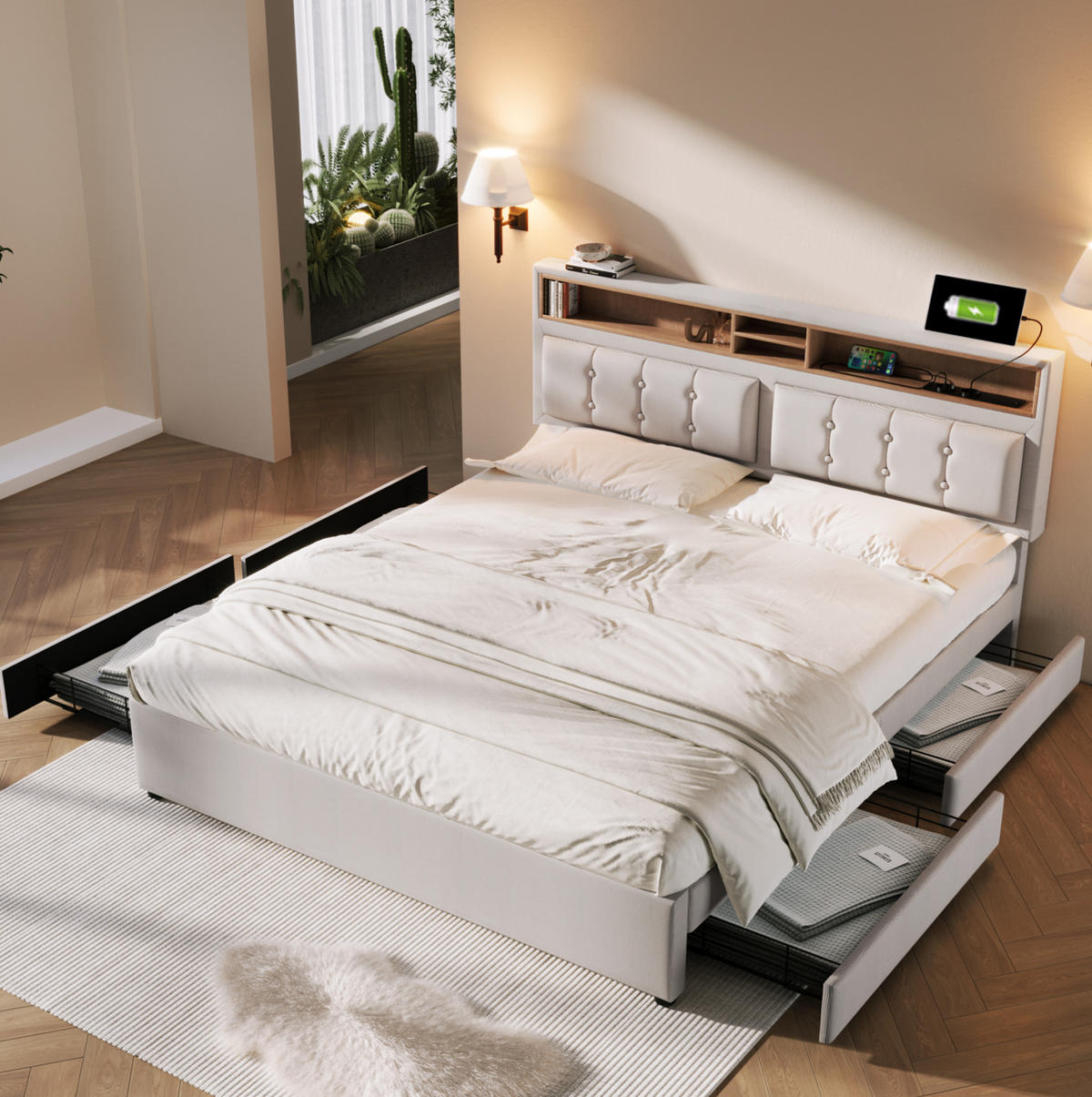 POLSTERBETT 160/200 cm mit 4 Schubladen, USB-C und verstellbarem Kopfteil - Beige, Textil (160/200cm) - BEAOK