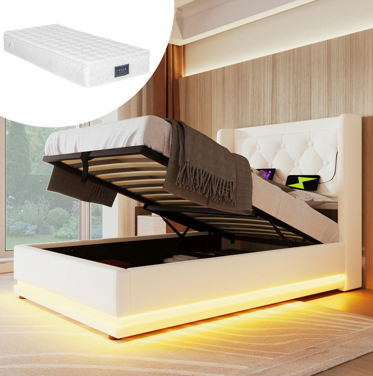 POLSTERBETT 90/200 cm Weiß aus PU mit Bettkasten, USB und LED - Weiß, Kunststoff (90/200cm) - OKMYHOME