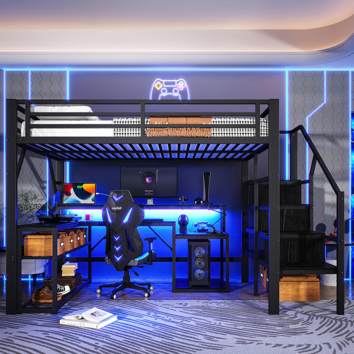 HOCHBETT 140/200 cm aus Metall und MDF mit Schreibtisch, LED-Beleuchtung und Stauraumtreppe Schwarz - Schwarz, Metall (140/200cm) - Modenvie