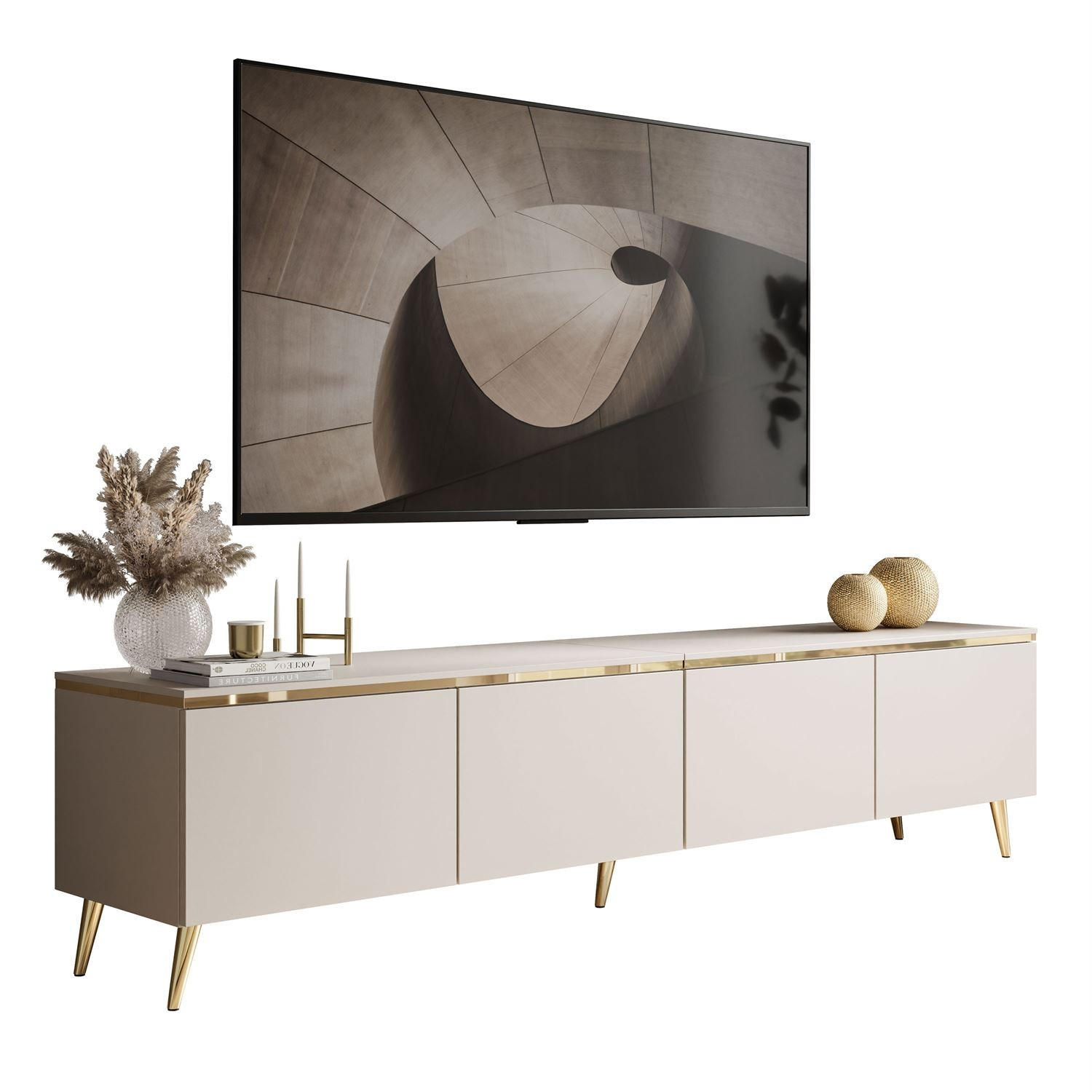 LOWBOARD TV-Schrank CELINE KASCHMIR 200 cm auf schrägen goldenen Chrom-Beinen - Kaschmir/Goldfarben, Holzwerkstoff/Metall (200/48/40cm) - Lookway