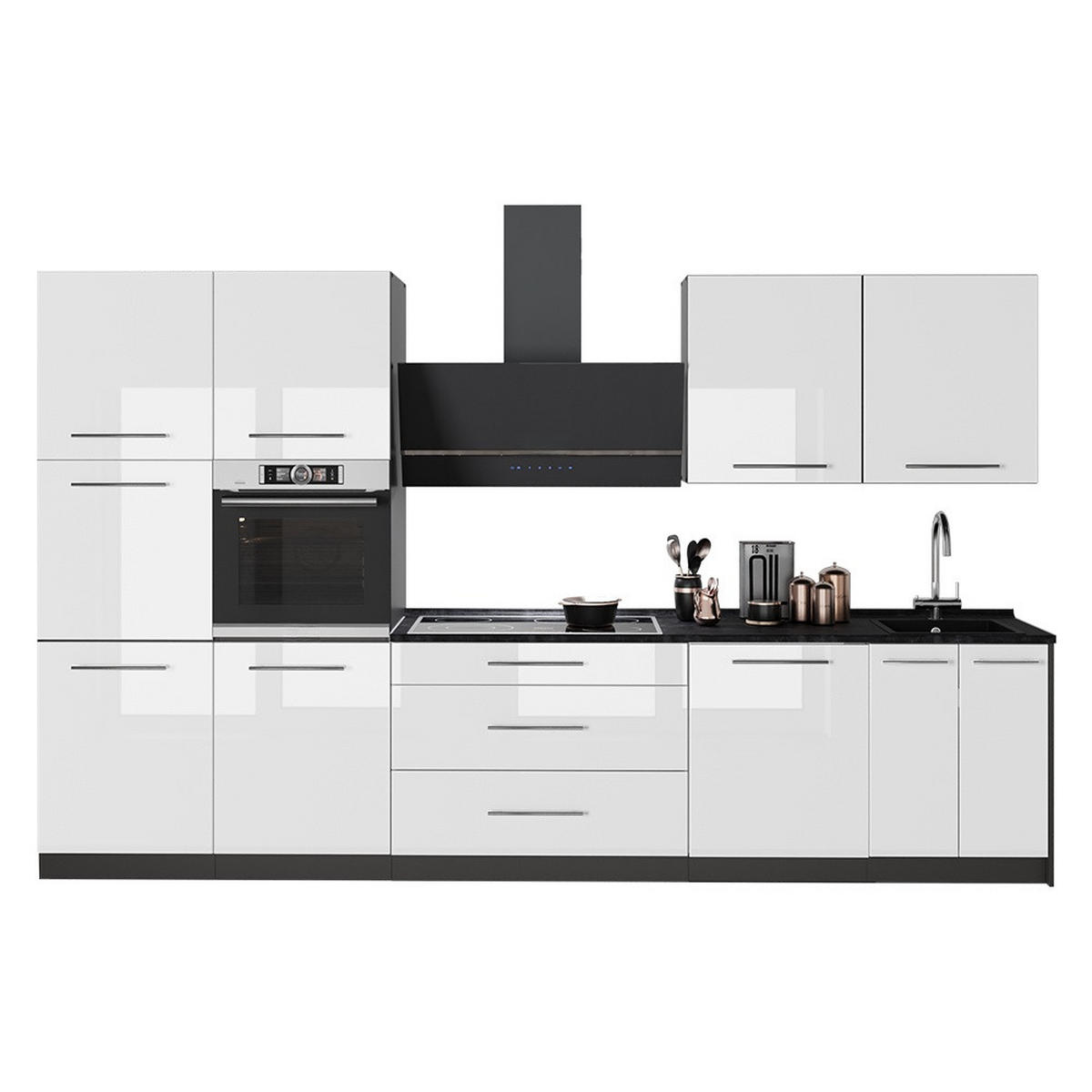 KÜCHENZEILE Fame-Line, Weiß Hochglanz/Anthrazit, 340 cm ohne Arbeitsplatte - Weiß Hochglanz/Anthrazit, Holzwerkstoff (340/206.8/51.6cm) - Vicco