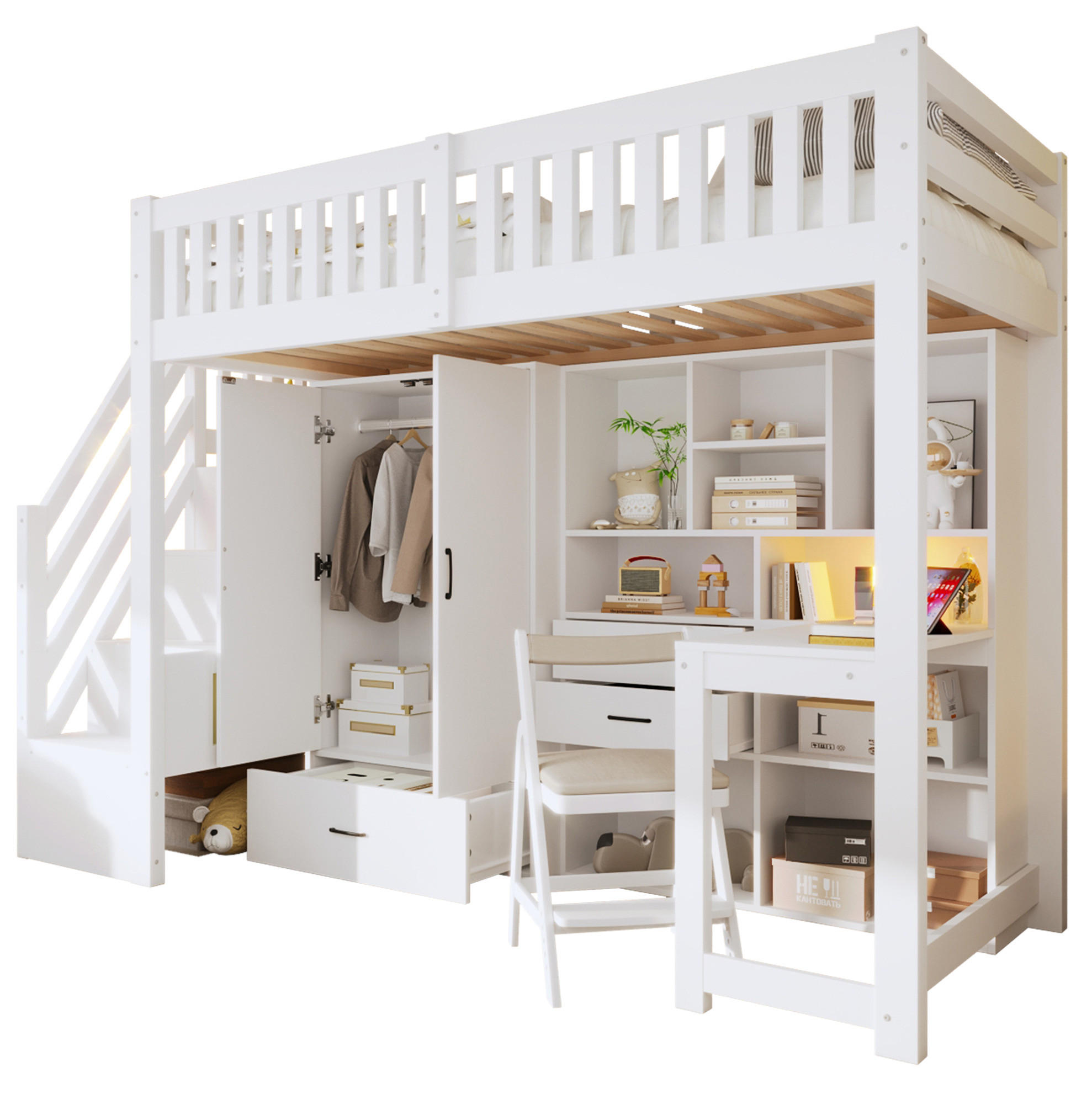 HOCHBETT 90/200 cm mit Schreibtisch, Ablageleiter, Kleiderschrank und Schubladen aus Kiefernholz, Weiß - Weiß, Holz (90/200cm) - Redom
