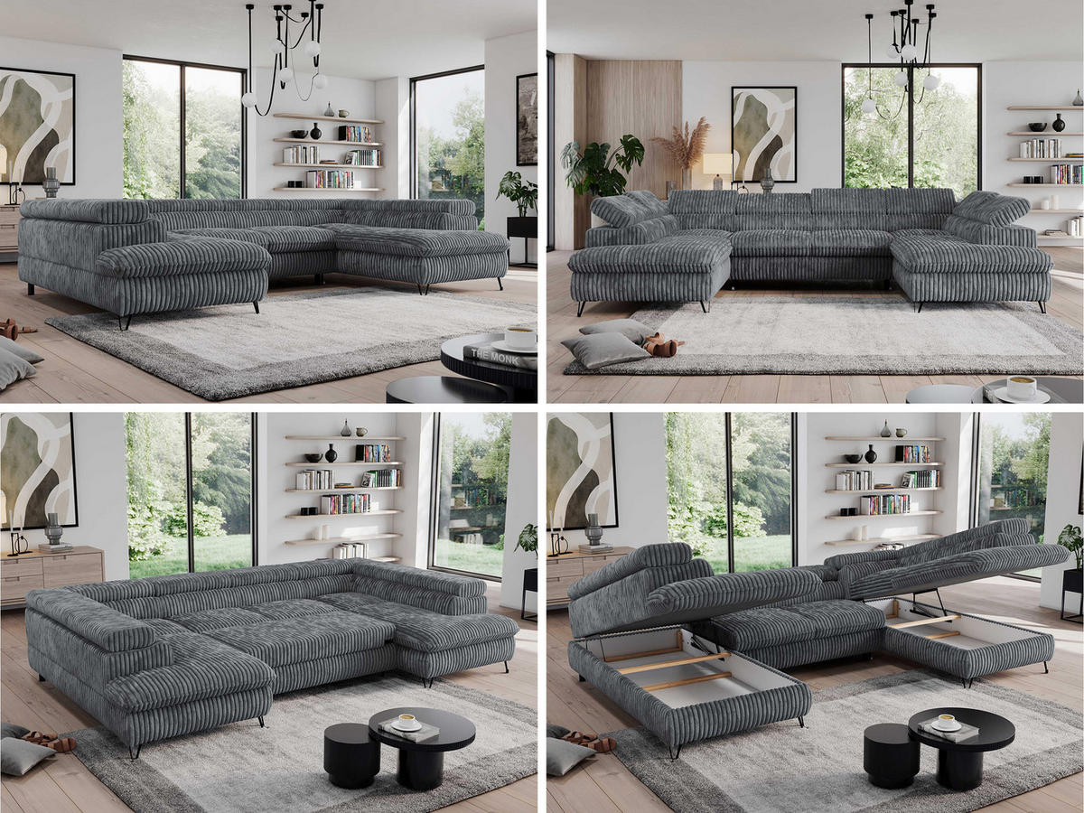 WOHNLANDSCHAFT PEDRO U Cord Dunkelgrau - Dunkelgrau/Schwarz, Textil/Metall (346/76/208cm) - MKS