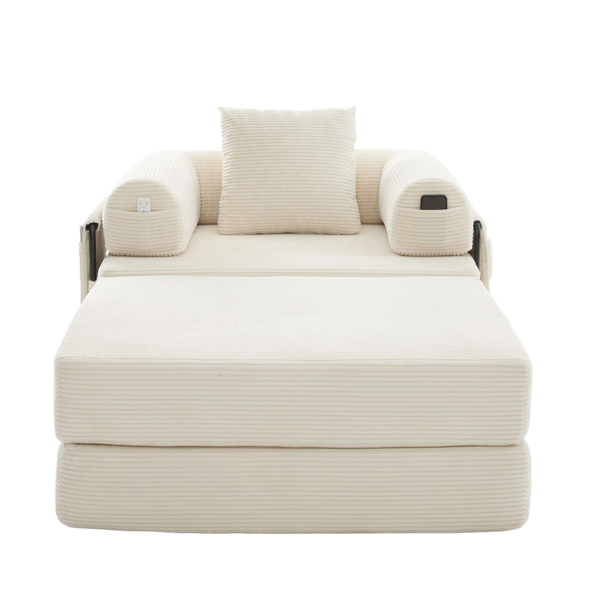 SCHLAFSOFA aus Cord 112x190x67 cm Beige mit Hocker, Seitentasche und Kissen, montagefrei - Beige, Textil (112/67/190cm) - Modfu