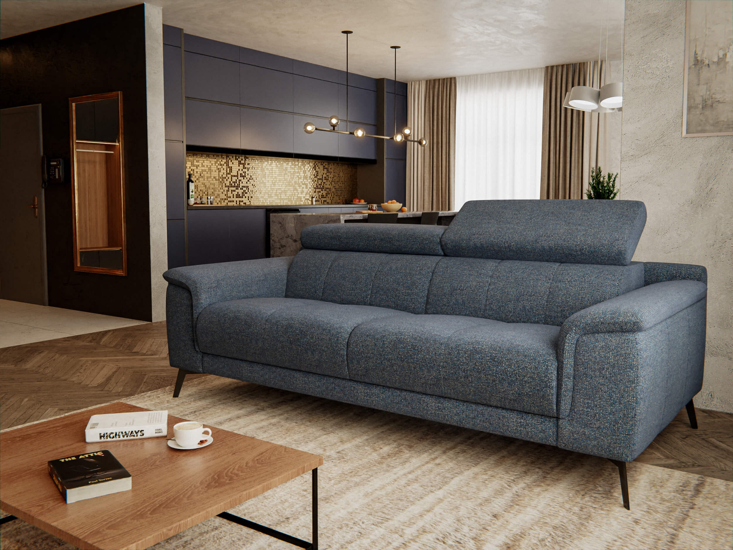 SOFA FIERO 3-Sitzer, dunkelblau - Schwarz/Dunkelblau, Holzwerkstoff/Textil (212/82/103cm) - Courtois Laville