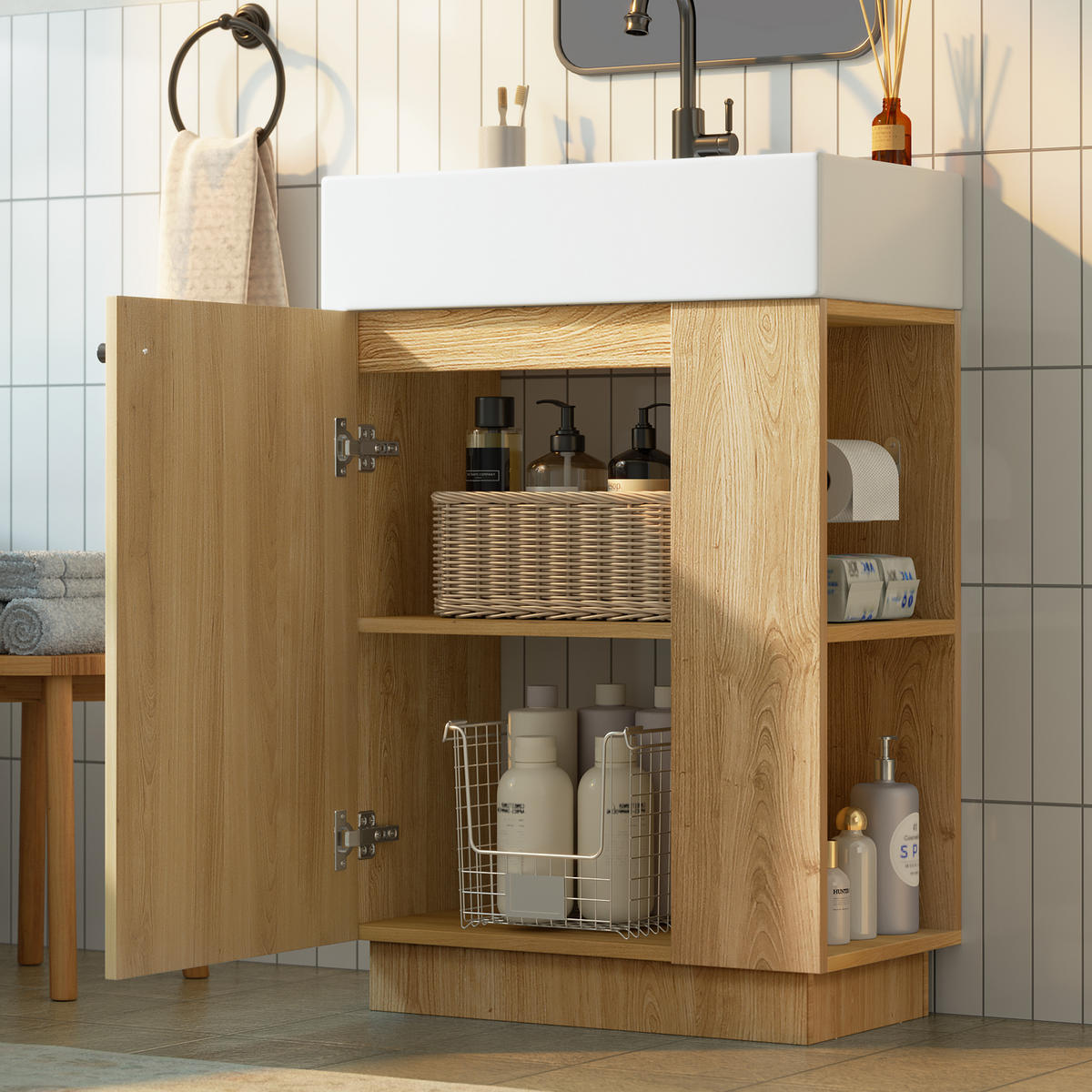 BADEZIMMERSCHRANK Waschbeckenunterschrank Rillenoptik Keramik 55cm - Naturfarben, Keramik (55/87/32cm) - FLIEKS