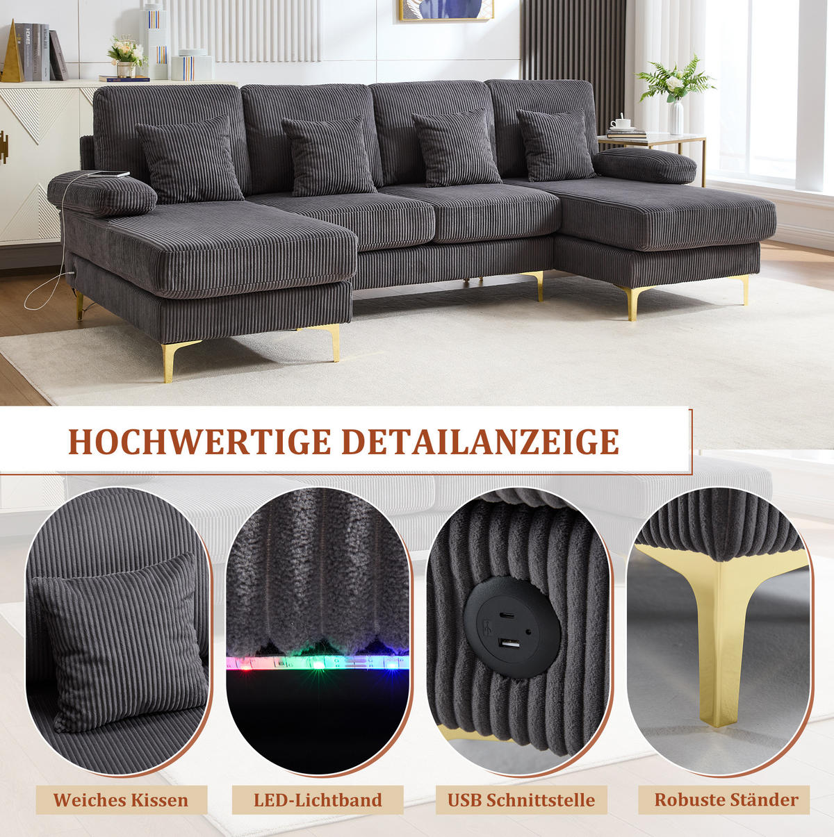 U-FORM Wohnlandschaft Samt mit LED und USB-Anschluss 265/135/88 cm Grau - Grau, Textil (135/88/265cm) - Redom