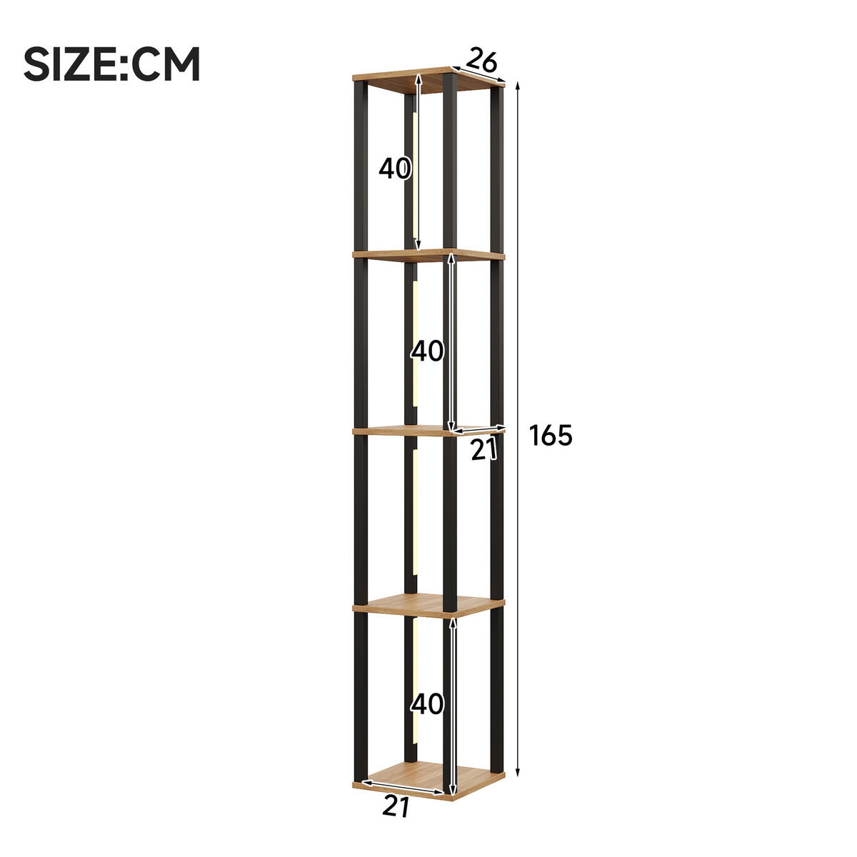 VITRINE in Schwarz Regal mit einstellbare LED-Beleuchtung, 26/26/165 cm - Naturfarben, Holzwerkstoff (26/165/26cm) - STILVORA