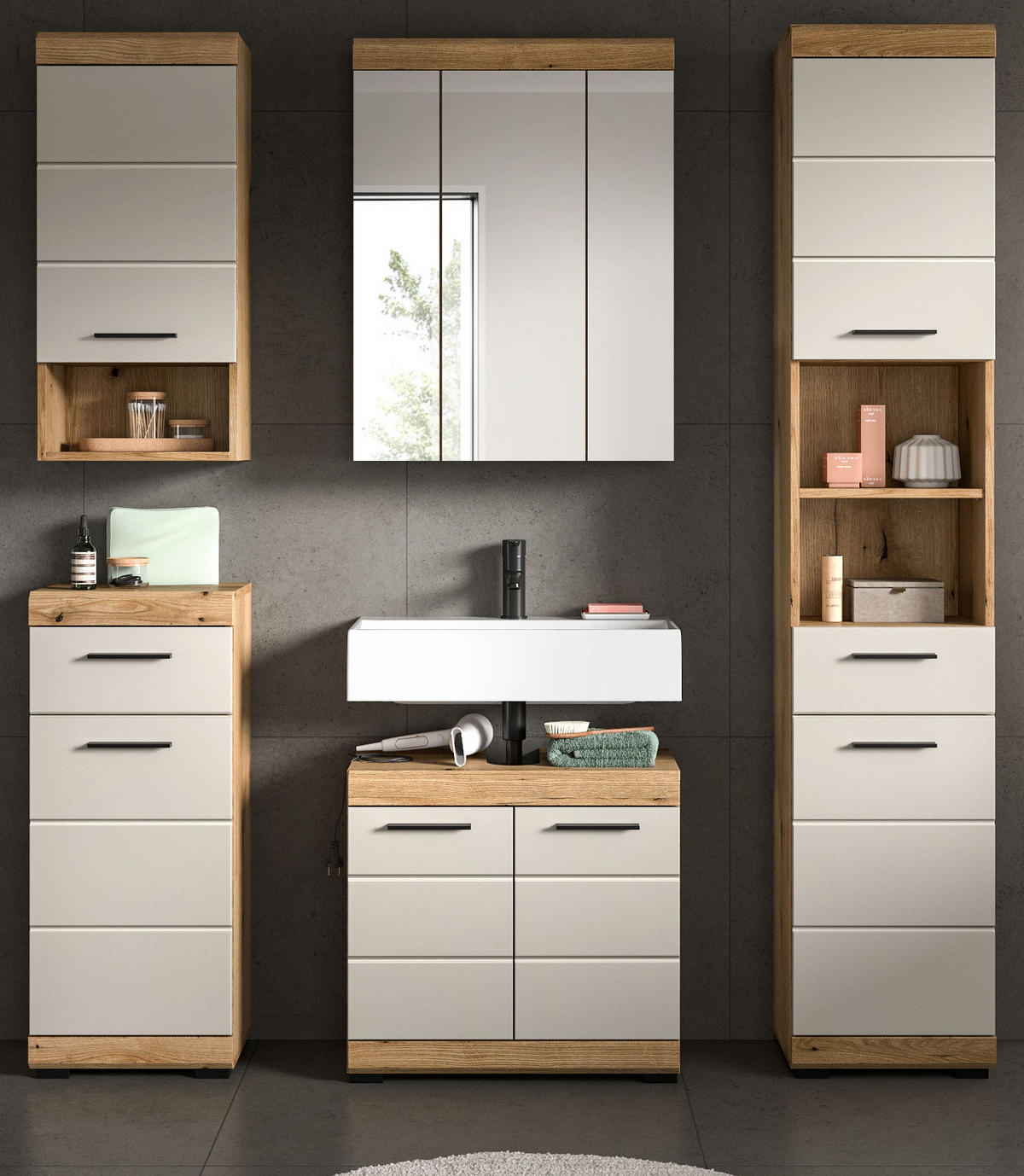 BADMÖBEL-SET Sand Kashmir, Evoke Eiche, Badkombination 164 cm 5-teilig - Kaschmir/Eichefarben, Glas/Holzwerkstoff (164/191/34cm) - Inn.Furn