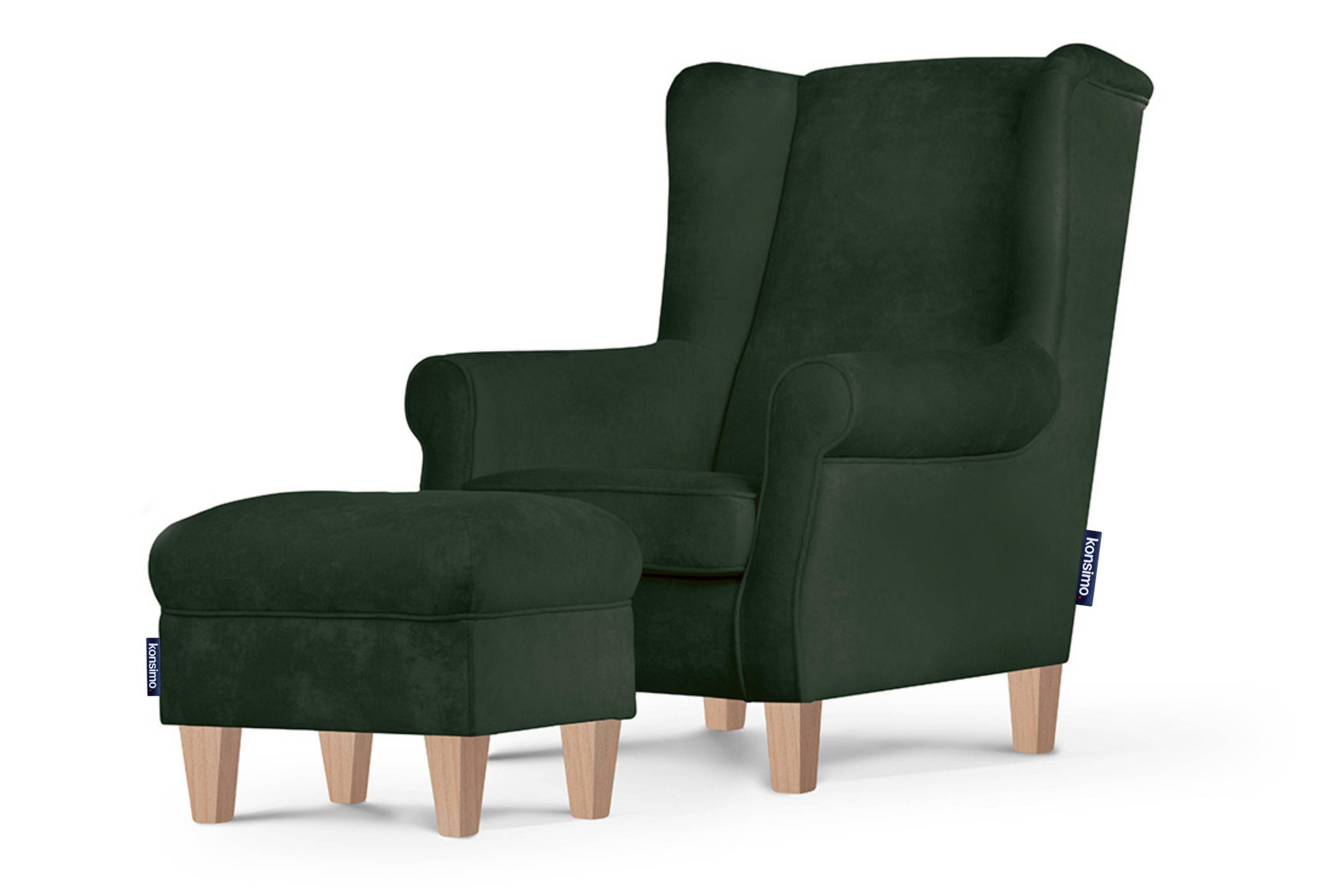 OHRENSESSEL MILES mit Sitzhocker, grün - Eichefarben/Grün, Holzwerkstoff/Buchenholz (82/105/97cm) - KONSIMO®