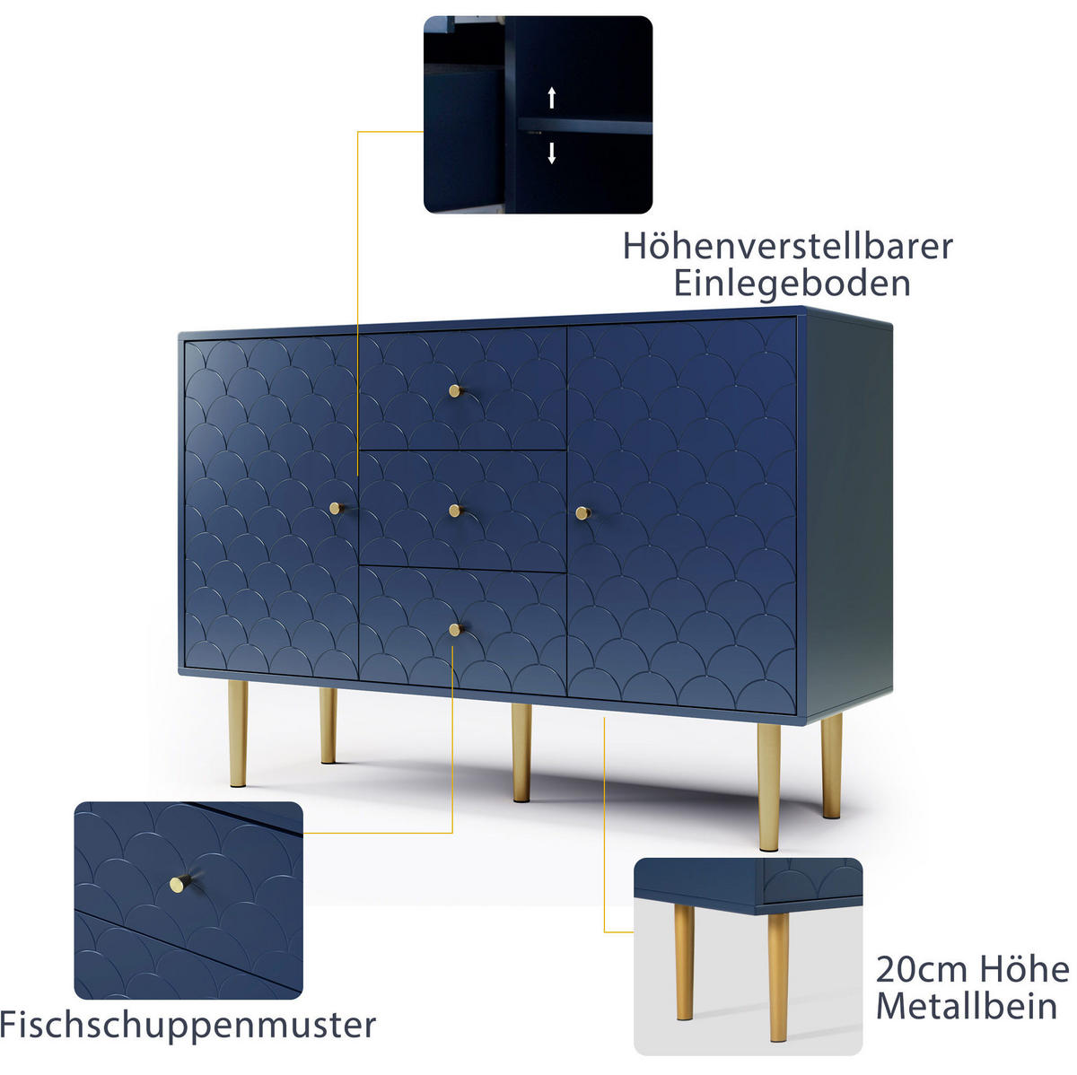 KOMMODE aus Holz und Metall 120x40x83 cm Marineblau mit 2 Türen, 3 Schubladen und verstellbarem Einlegeboden - Dunkelblau, Metall (120/83/40cm) - Modfu