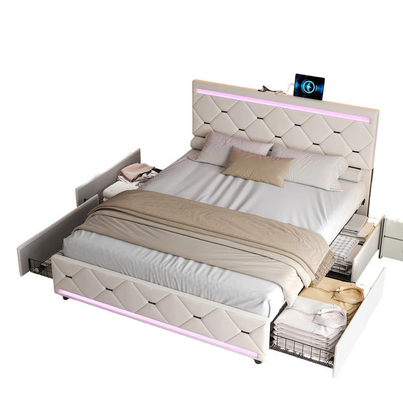 ČALÚNENÁ posteľ 160x200 cm béžová zamatová LED USB 4 zásuvky - béžová, kov (160/200cm) - SHOPENTRA