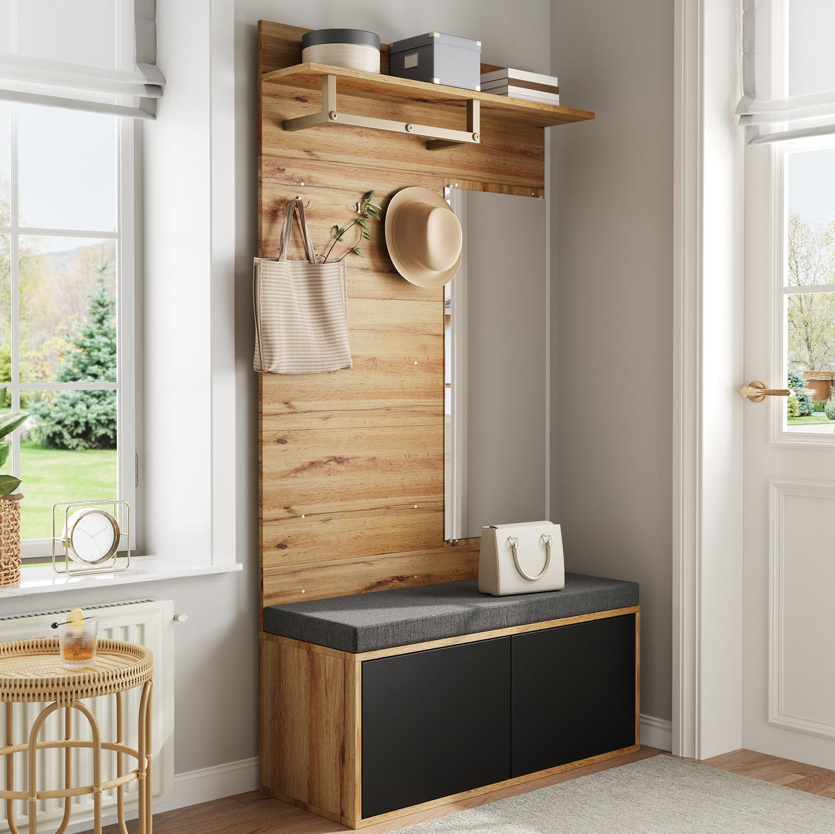 KOMPAKTGARDEROBE mit Spiegel und Schuhschrank Spanplatte Schwarz - Schwarz, Holzwerkstoff (38/190/100cm) - Beauniv