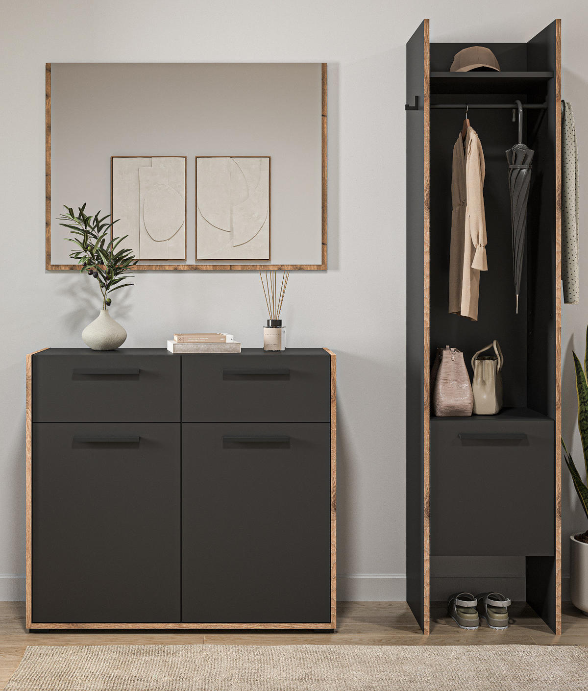 GARDEROBE-SET grau und Nox Eiche, Garderobenkombination 3-teilig, 152 x 189 cm, Salud - Dunkelgrau/Eichefarben, Holzwerkstoff/Kunststoff (152/189/37cm) - Inn.Furn